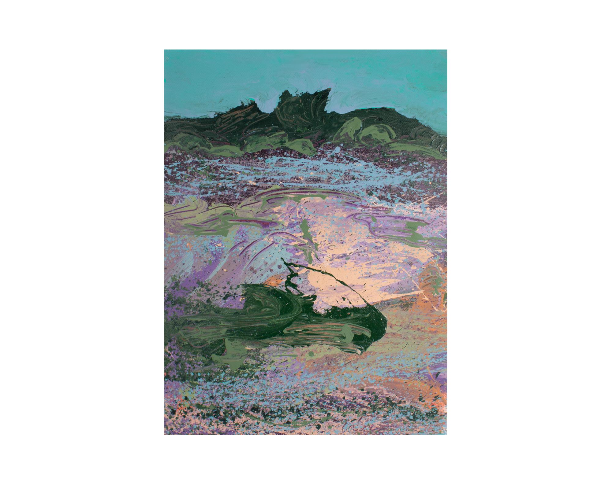 Pintura acrílica sobre papel de la década de 1980 del artista estadounidense Harry Hilson (1935-2020). Esta obra representa un paisaje abstracto salpicado de morados, azules y verdes. El cuadro no tiene marco y está firmado en la esquina inferior