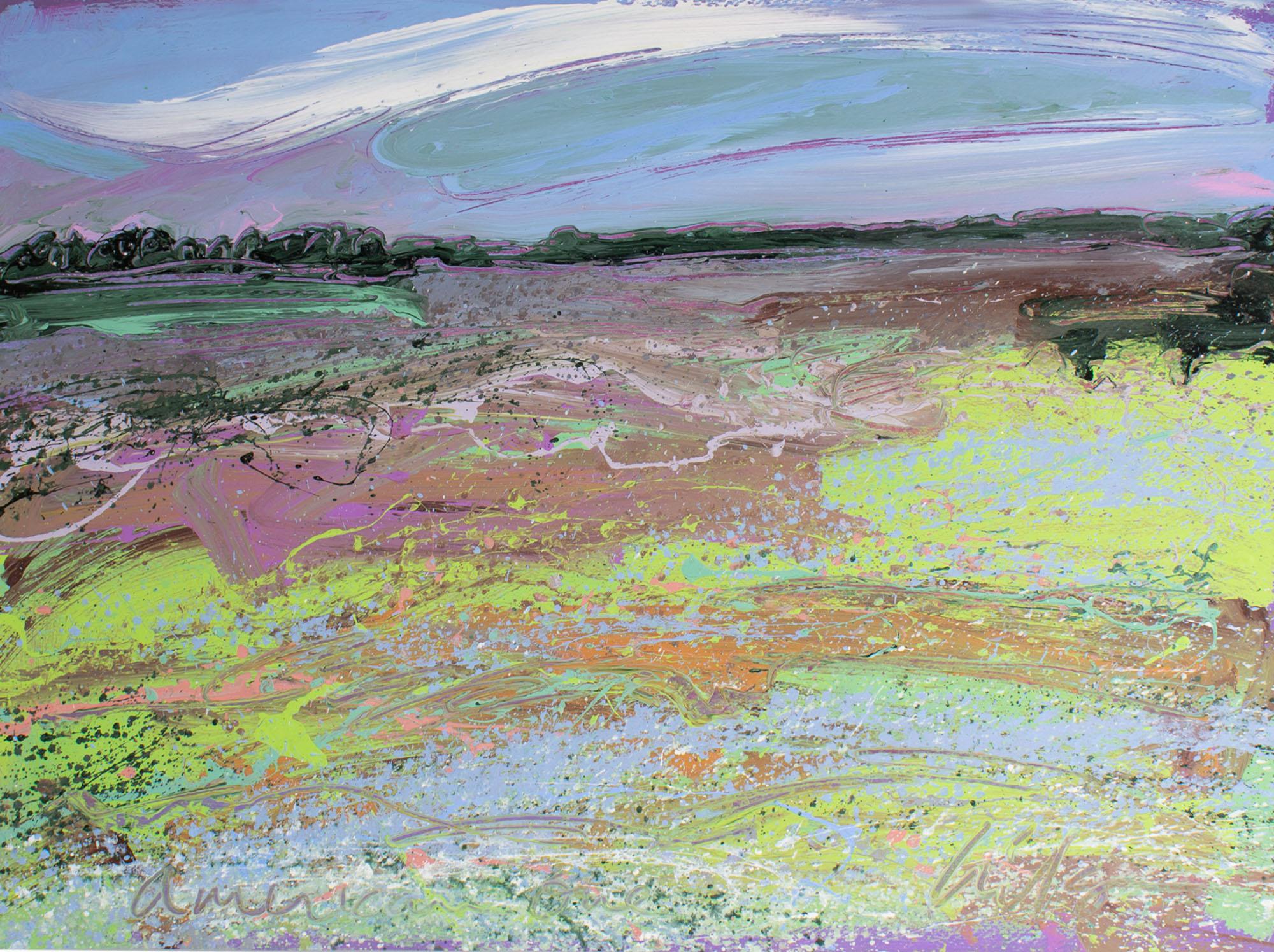 Un dipinto in acrilico su carta degli anni '80 dell'artista americano Harry Hilson (1935-2004). Intitolato American One, questo quadro astratto raffigura un paesaggio vibrante di colore viola, verde e blu, con nuvole ondulate in alto e una fila