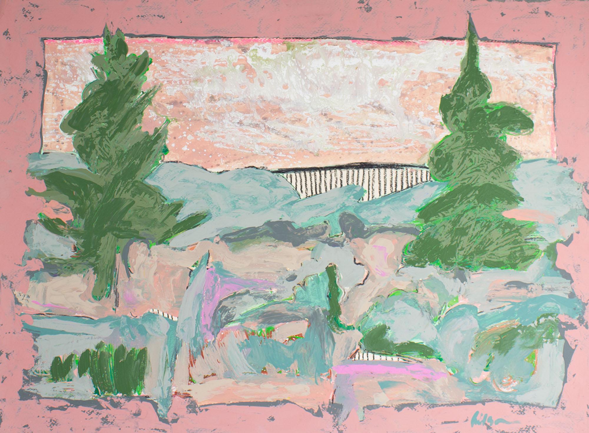 Un dipinto in acrilico su carta degli anni '80 dell'artista americano Harry Hilson (1935-2004). Quest'opera astratta raffigura un paesaggio vivace dipinto prevalentemente in rosa e blu e affiancato da due alberi sempreverdi. Firmato in basso a