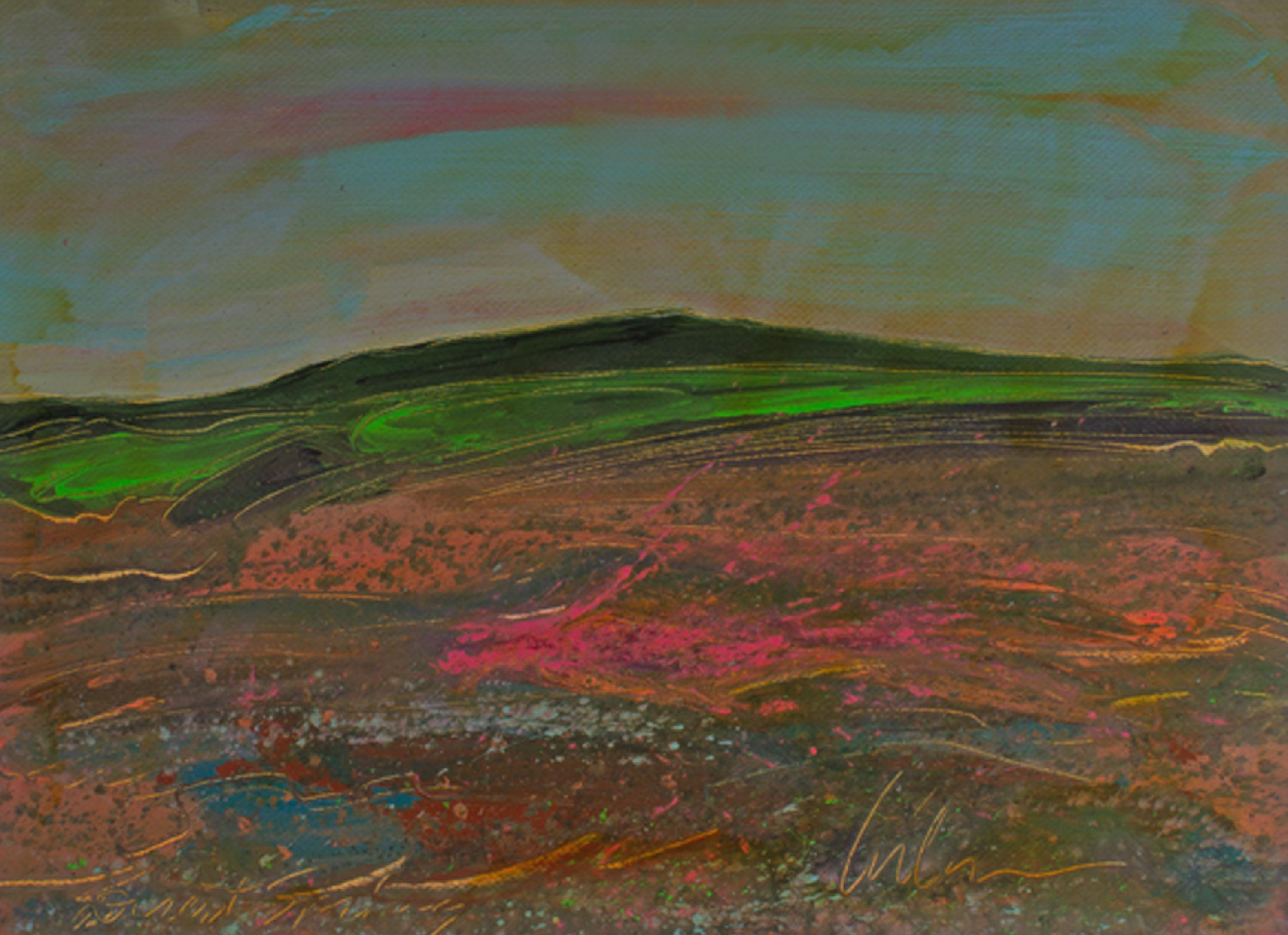 Peinture abstraite des années 1980 à l'acrylique sur papier représentant un paysage montagneux, intitulée 