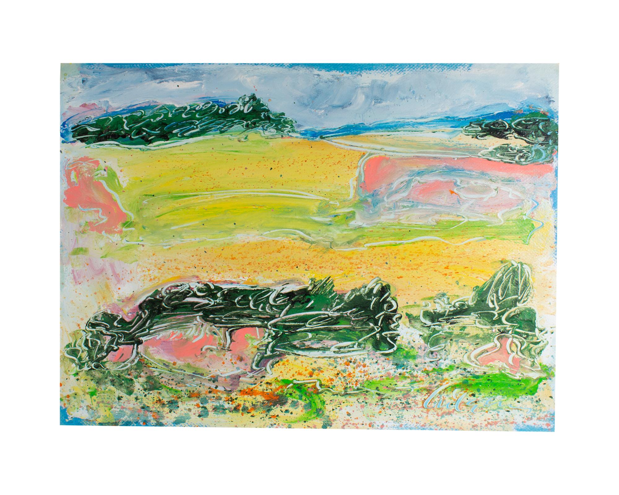 A 1980s acrylic on paper painting by the American artist Harry Hilson (1935-2004). Titled Spring Landscape, this colorful work depicts an abstract landscape replete with distant verdant trees, a pale green and yellow meadow, and colorful wildflowers