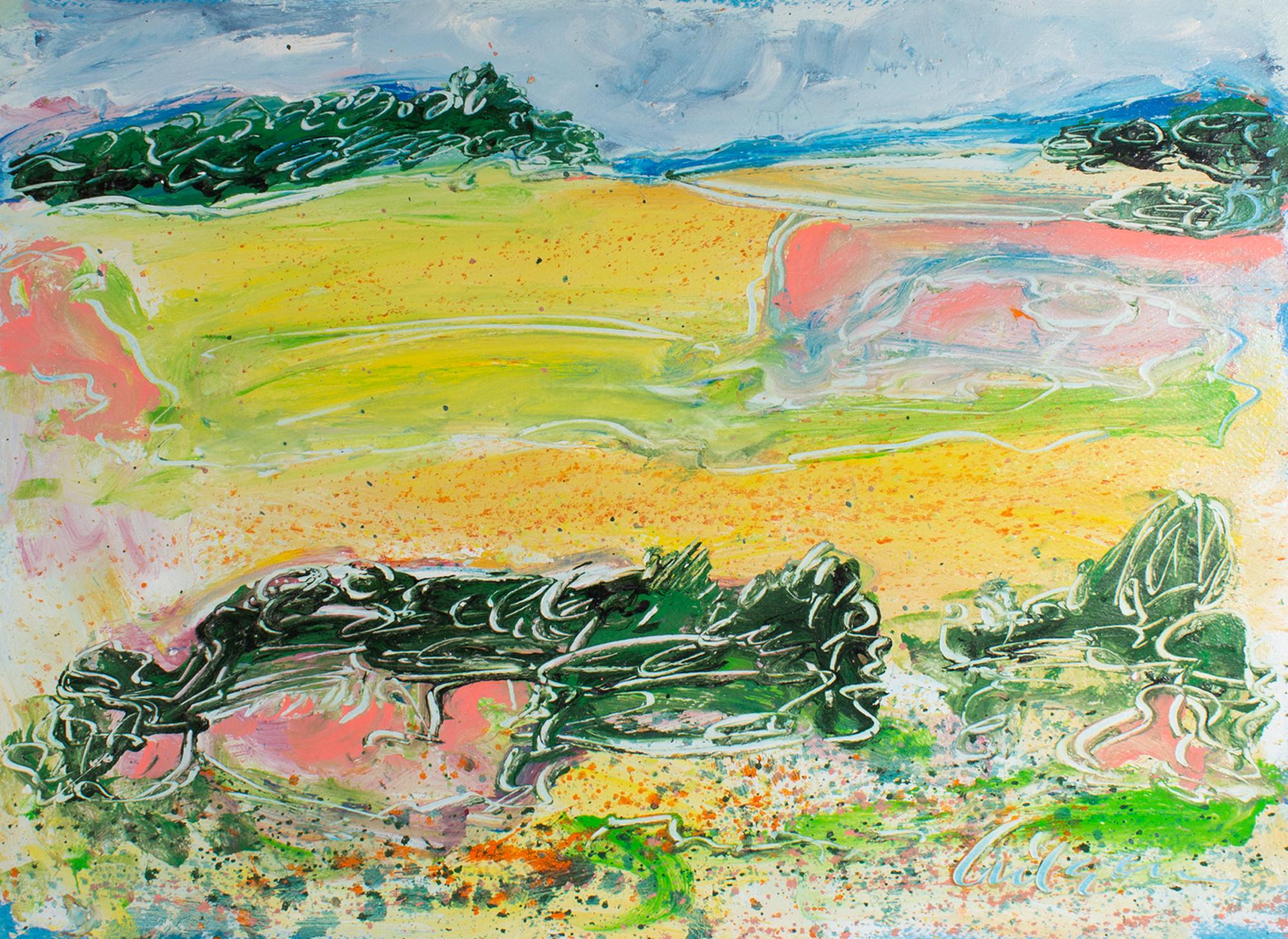Modern Harry Hilson Signed 1980s “Spring Landscape” Abstract Acrylic on Paper Painting For Sale