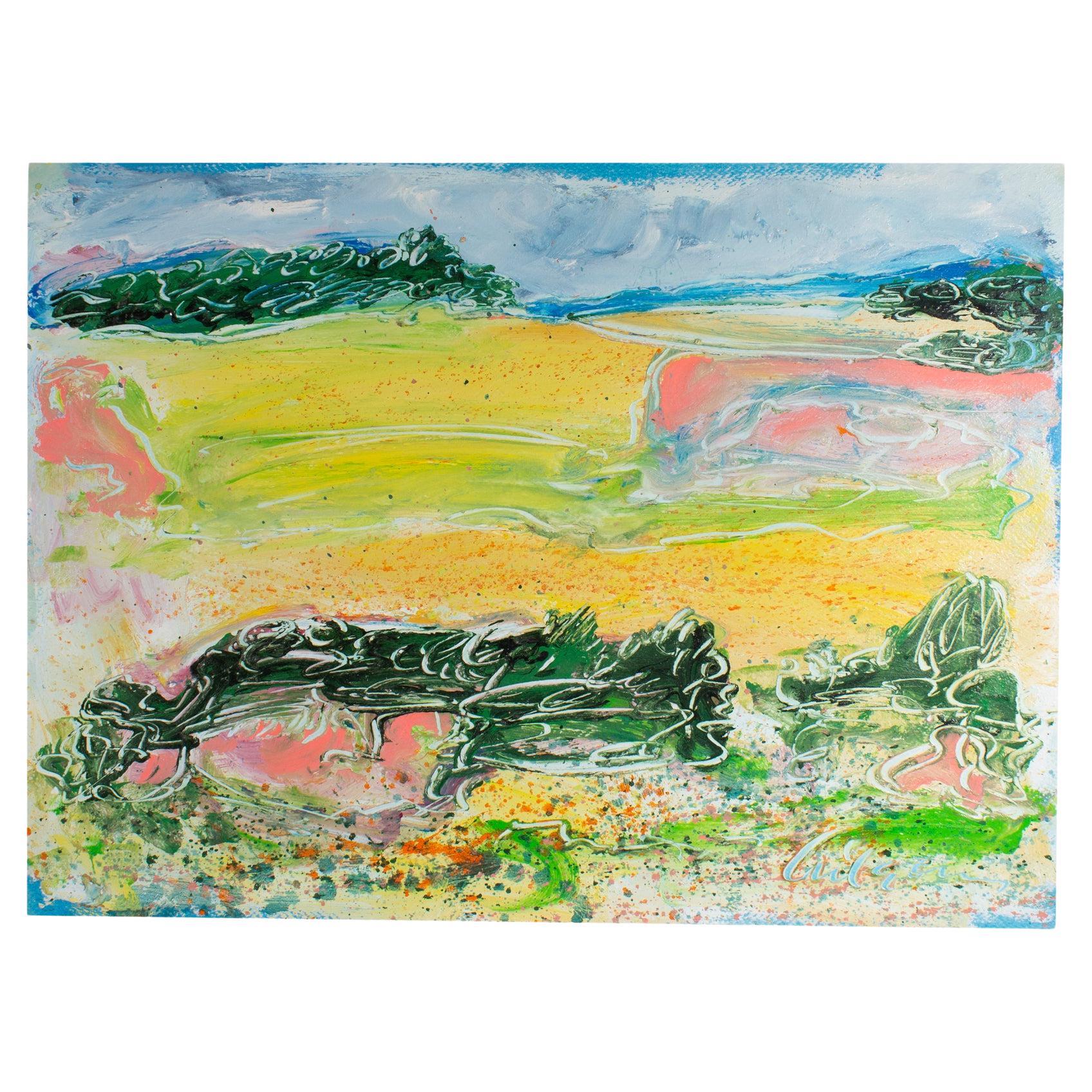Harry Hilson Signed 1980s “Spring Landscape” Abstract Acrylic on Paper Painting For Sale