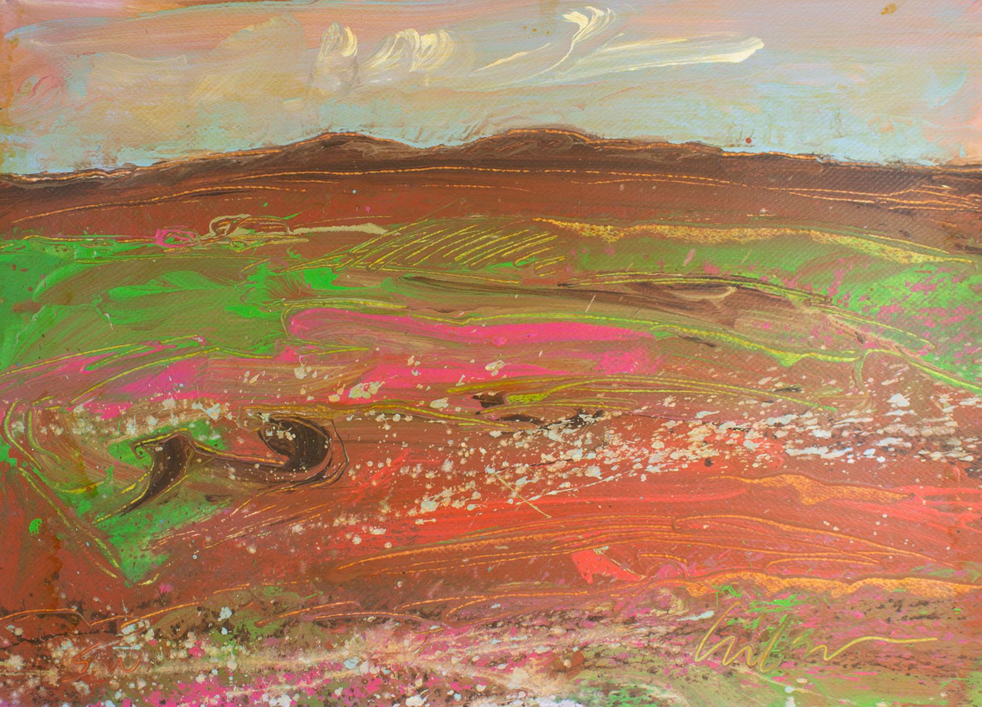 Pintura acrílica sobre papel de la década de 1980 del artista estadounidense Harry Hilson (1935-2004). Titulado S.W., este vibrante cuadro abstracto representa un paisaje salpicado de flores silvestres y una cadena montañosa a lo lejos. Firmado en