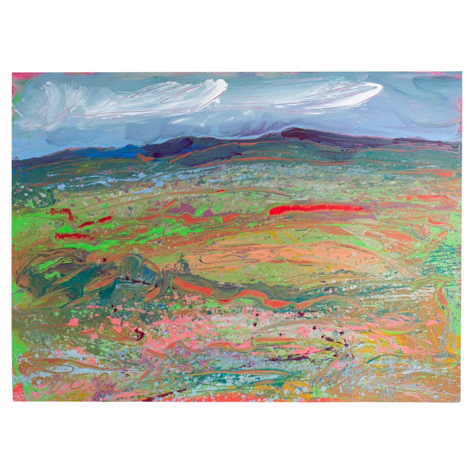 Peinture de paysage Verdant Hills acrylique sur papier des années 1980, signée Harry Hilson