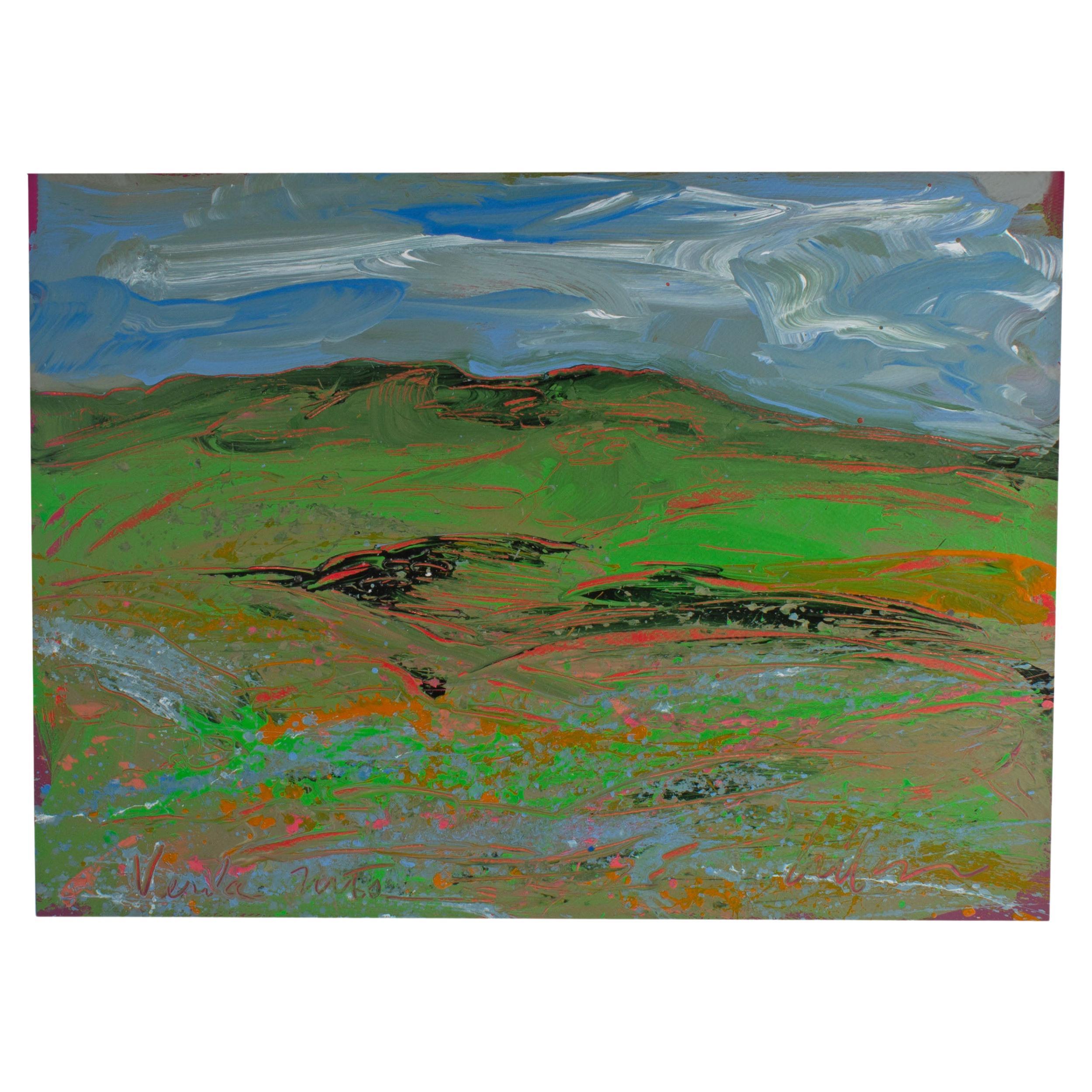 Peinture acrylique - Paysage abstrait Verde Mountains signée Harry Hilson, années 1980 