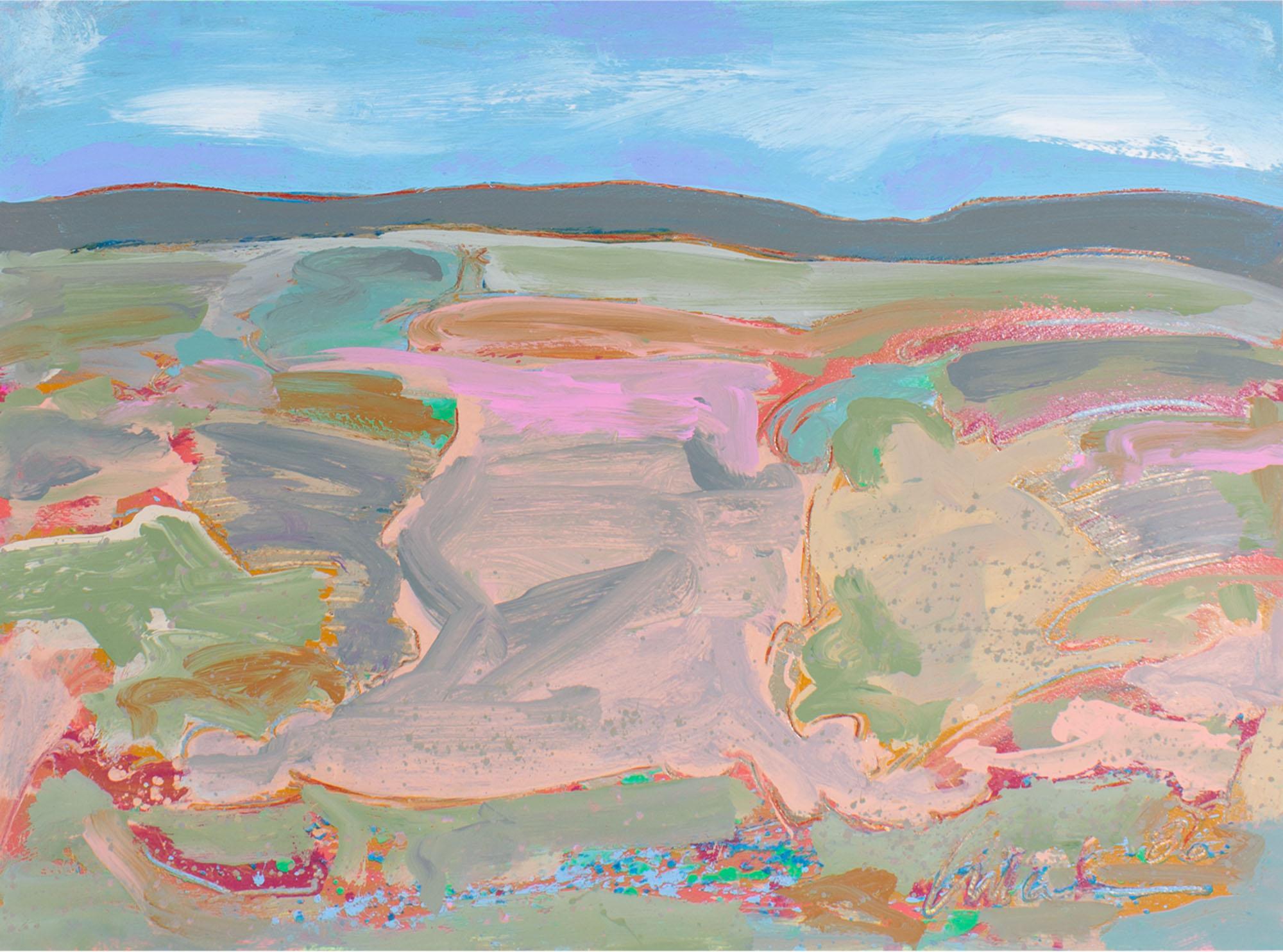 A 1986 acrylic on paper landscape painting by the American artist Harry Hilson (1935-2004). This abstract work depicts a landscape painted with dynamic brushwork in pink, green, blue, red, and purple. Signed and dated to the lower right, the