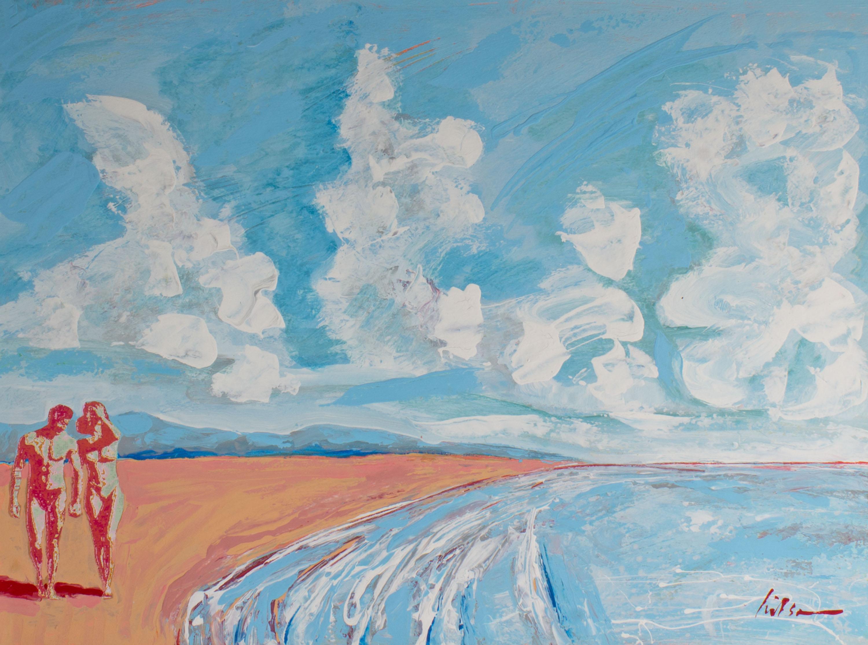 A 1990s abstract acrylic and collage on paper beach landscape painting by American artist Harry Hilson (1935-2004). Gestural lines come together to create a blue and pink abstract shoreline. A cloudy blue sky is in the background. Two nude figures