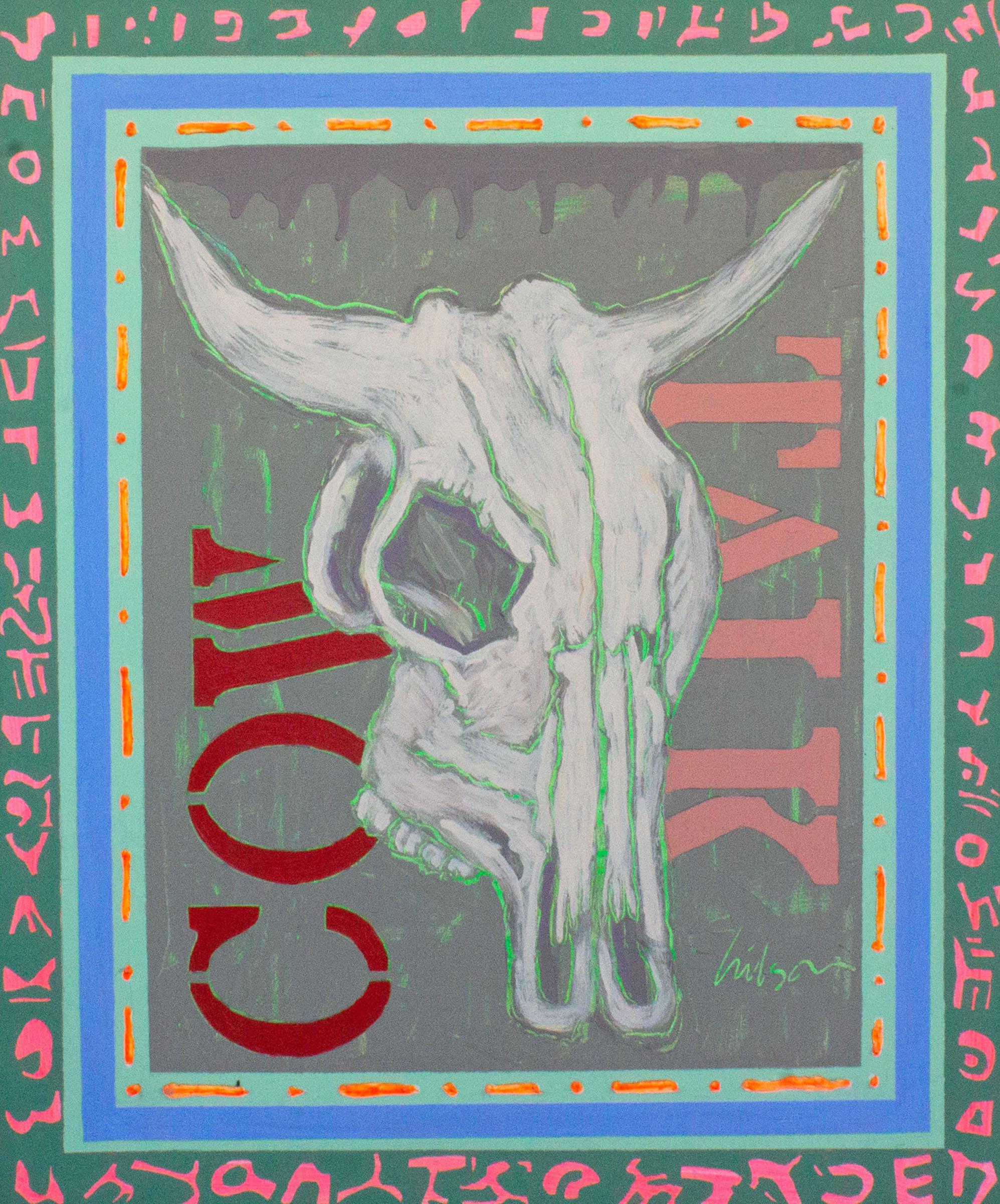 A 1990s signed abstract acrylic painting by American artist Harry Hilson (1935-2004). Titled Cow Talk, this piece explores Hilson's continuously developing style. A realistic looking cow skull is central to this scene with a gray background and red