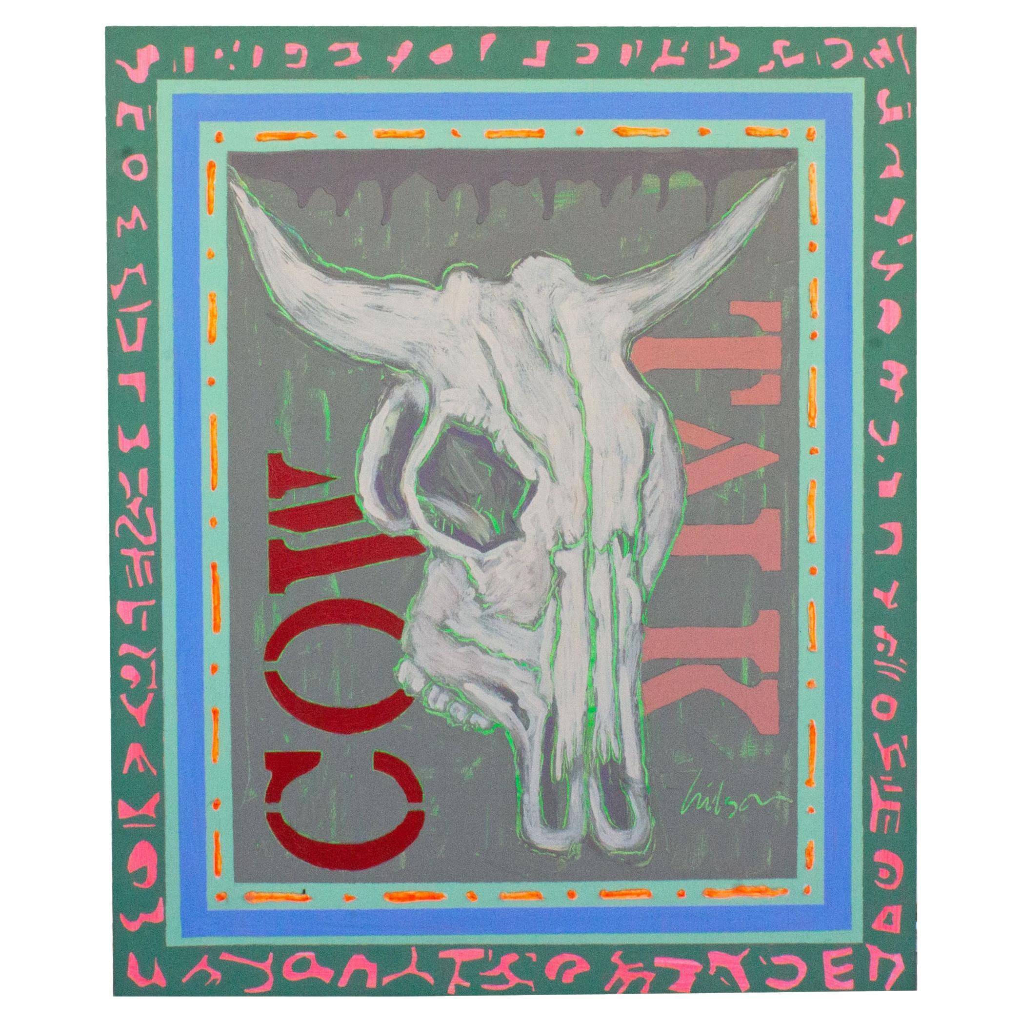 Peinture acrylique abstraite « Cow Talk » signée Harry Hilson, années 1990