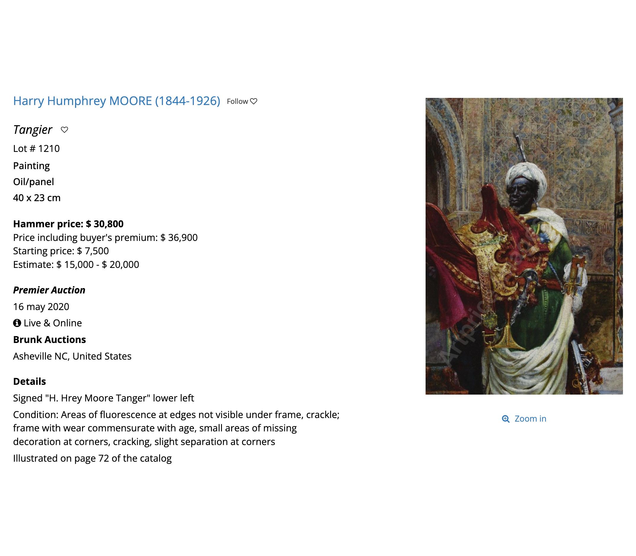 Ölgemälde auf Tafel Porträt einer Dame von Harry Humphrey MOORE 

Harry Humphrey Moore ( 1844, New York City - 1926, Paris) war ein amerikanischer Maler, der vor allem für seine Werke über Japan, Spanien und Nordafrika bekannt ist.
Den größten Teil