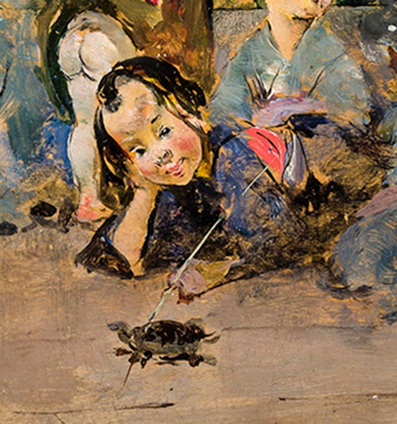 Bambini giapponesi con tartaruga - Figurative Painting Marrone di Harry Humphrey Moore
