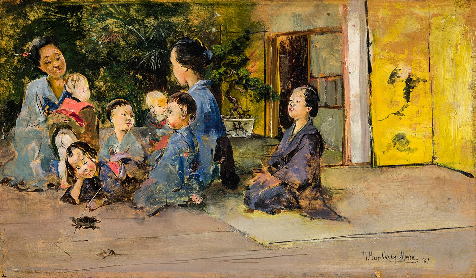 Harry Humphrey Moore Figurative Painting - Japanese Children with Tortoise