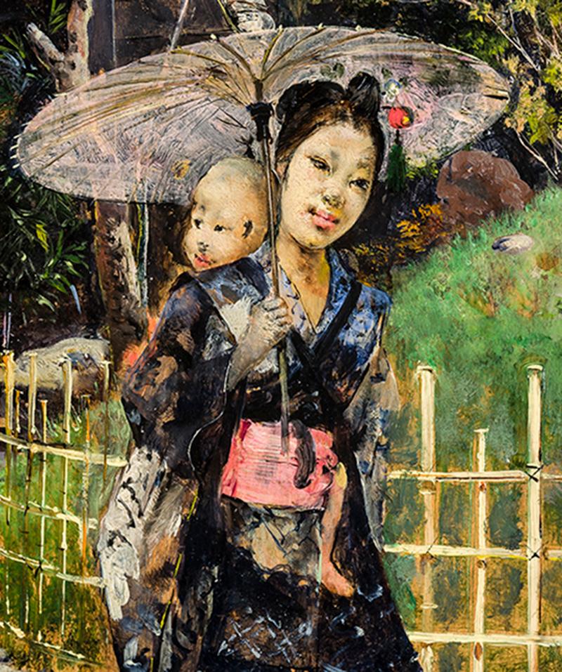 Japanisches Mädchen im Promenadenstil (Braun), Figurative Painting, von Harry Humphrey Moore
