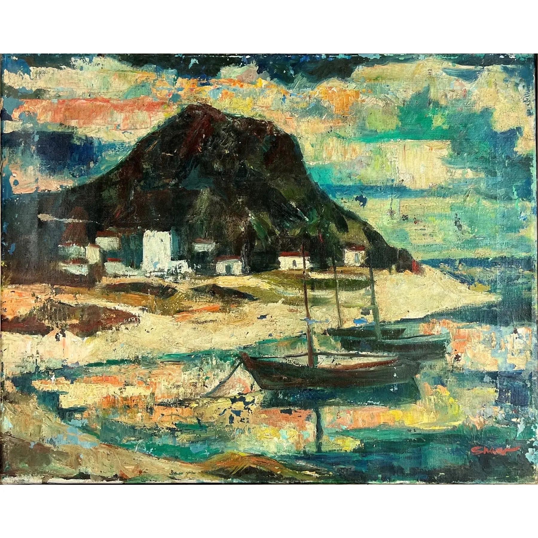 Harry Hutchinson Shaw Spanische Hafenstadt-Szene Öl auf Leinwand (Moderne der Mitte des Jahrhunderts) im Angebot