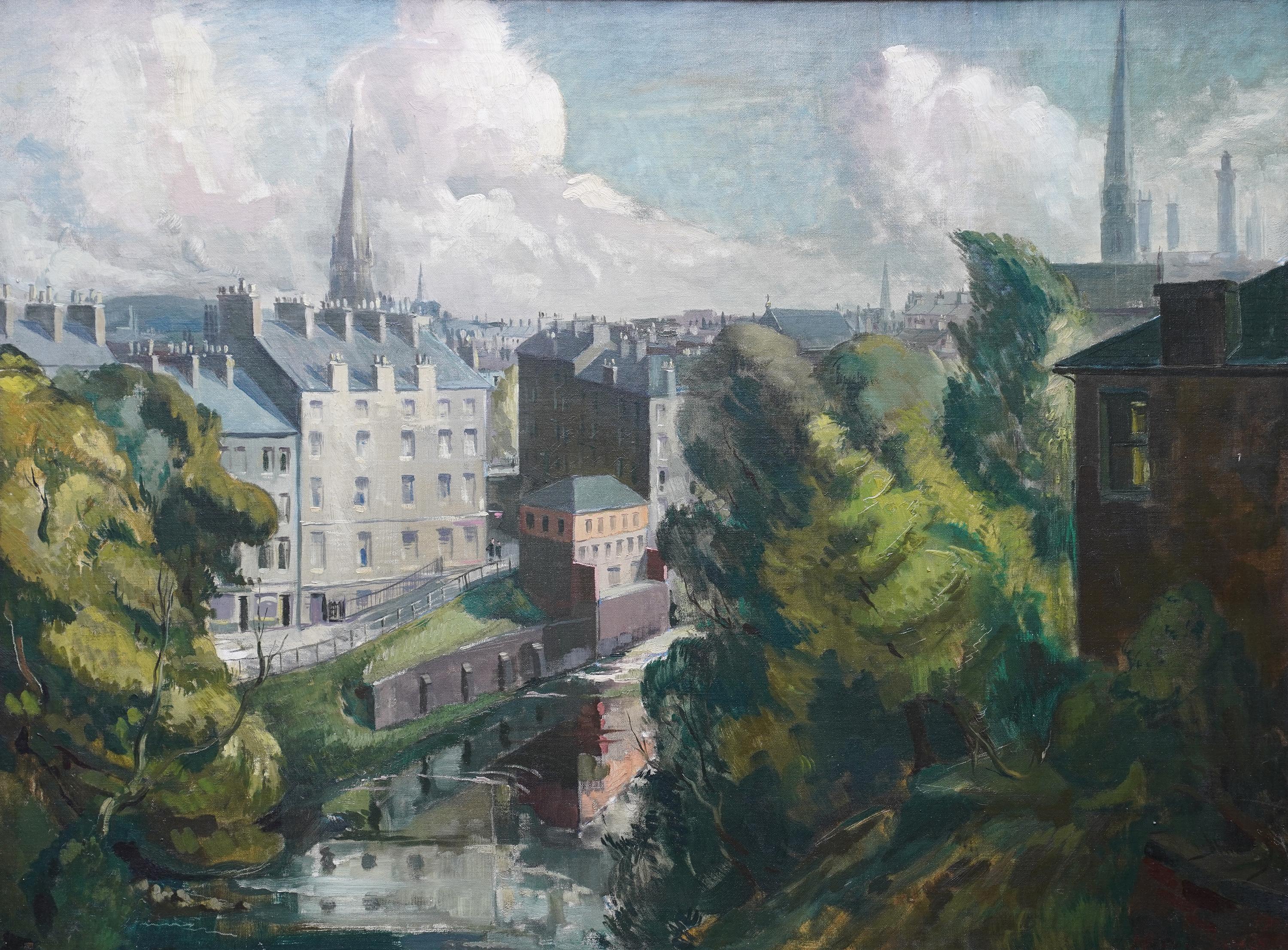 Glasgow West End River Kelvin Townscape - Scottish 1950's landscape oil painting For Sale 8