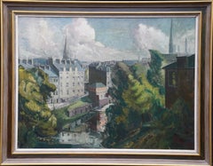 Paysage de ville de Kelvin sur la rivière West End de Glasgow - Peinture à l'huile écossaise des années 1950