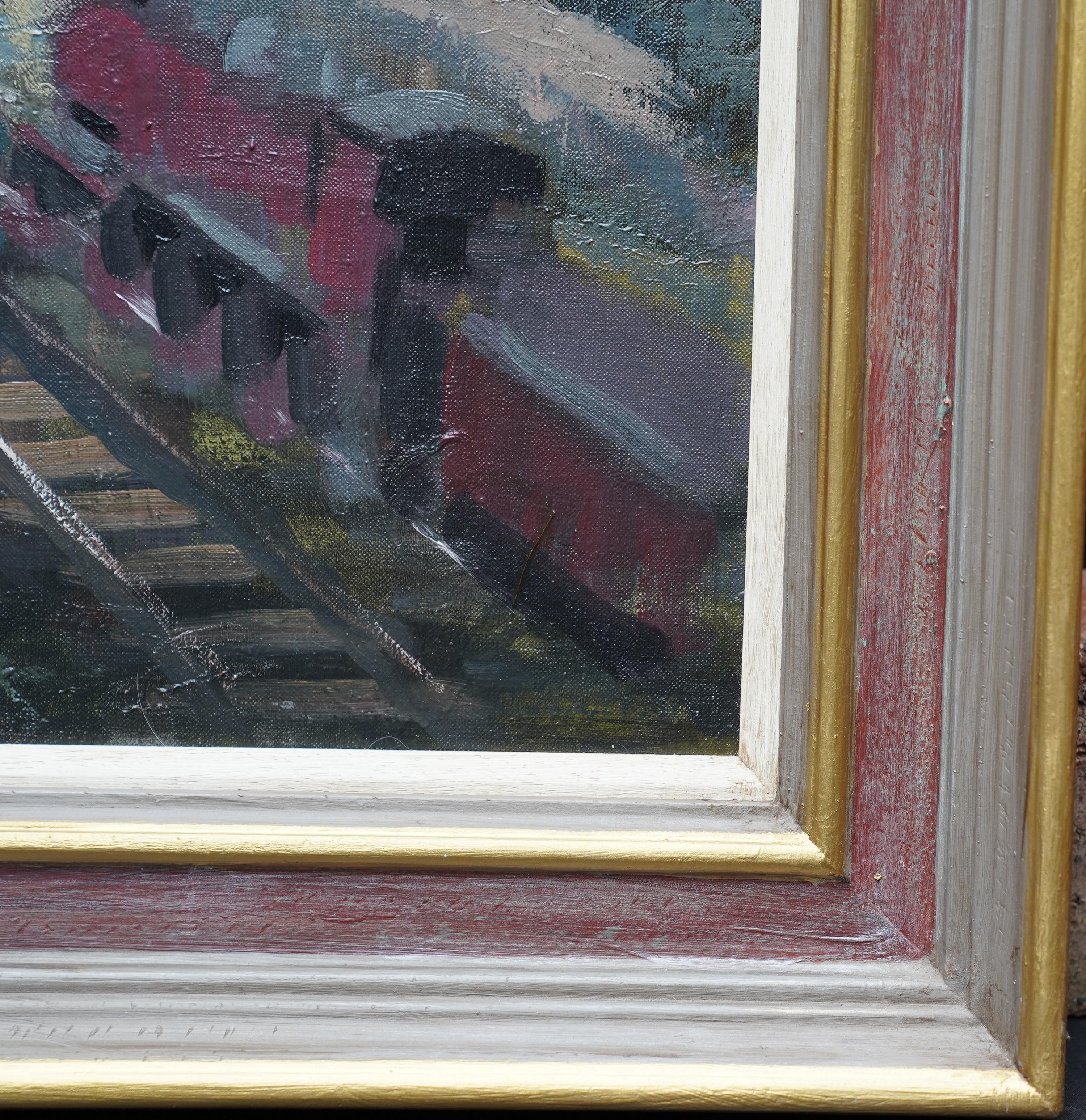 Industrial Railway Landscape - Scottish 50s art Post Impressionist oil painting For Sale 6