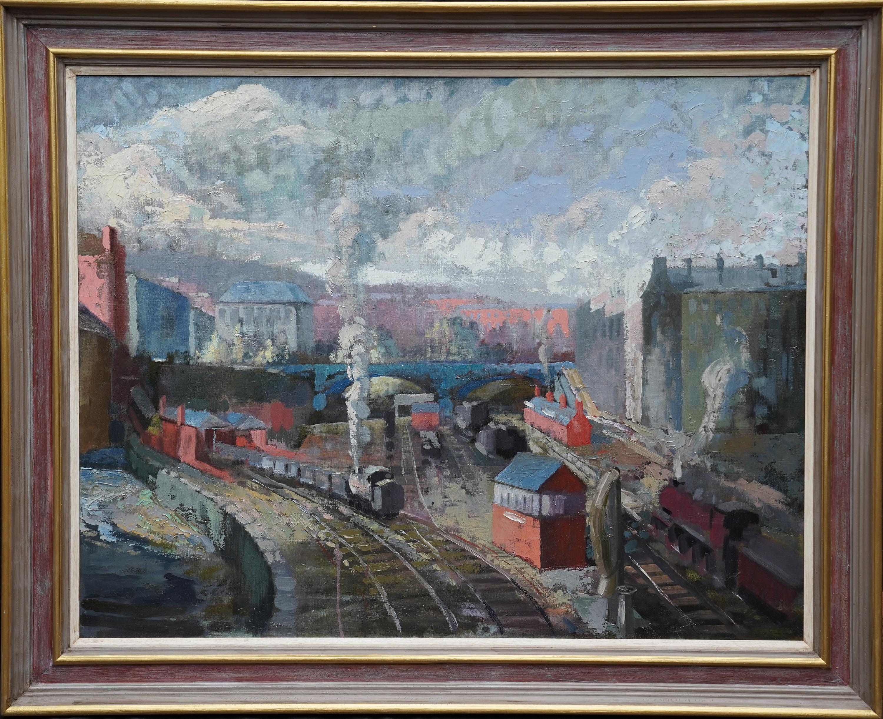 Industrial Railway Landscape - Scottish 50s art Post Impressionist oil painting For Sale 8