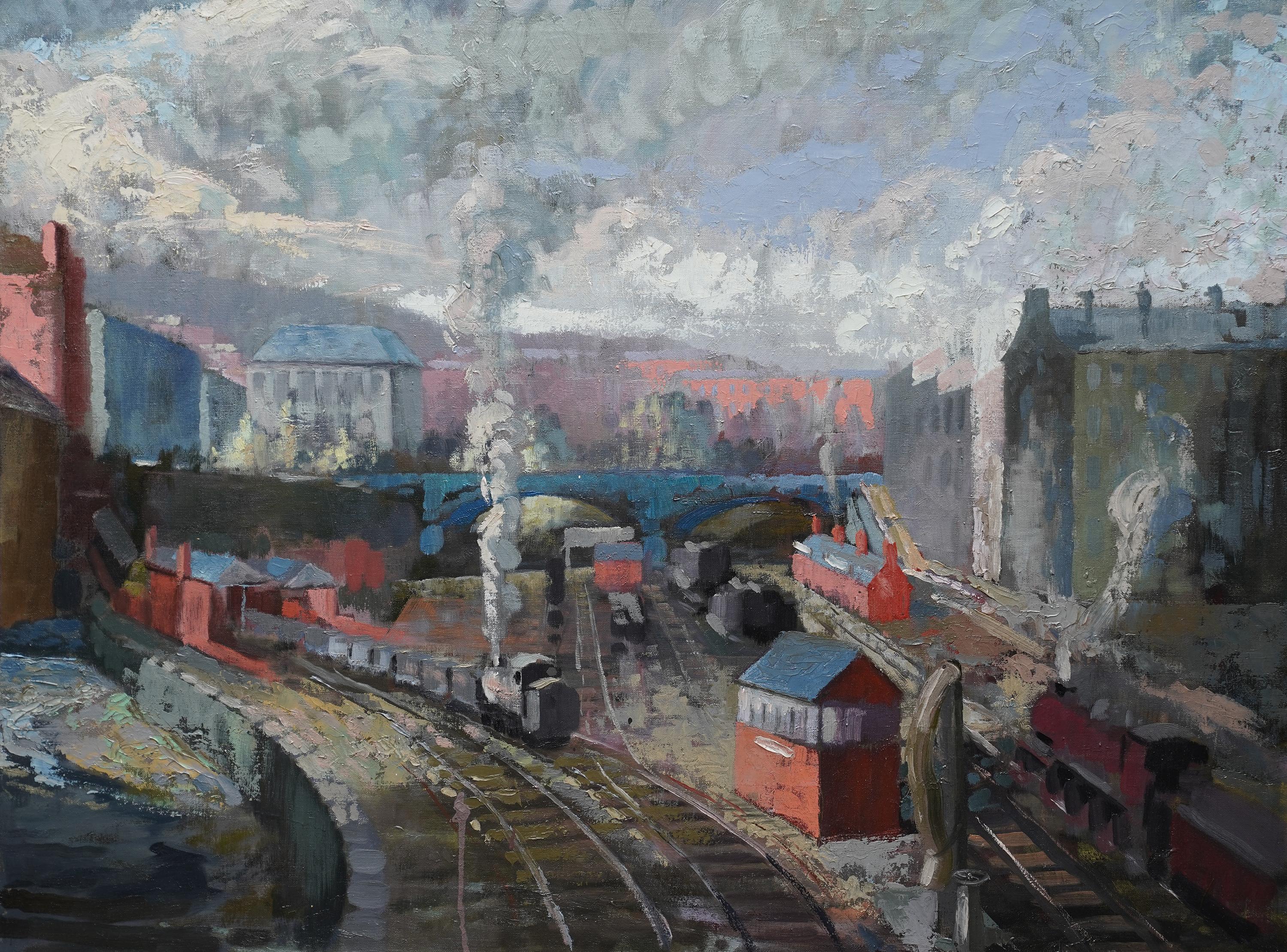 Industrial Railway Landscape - Scottish 50s art Post Impressionist oil painting - Painting by Harry Jefferson Barnes