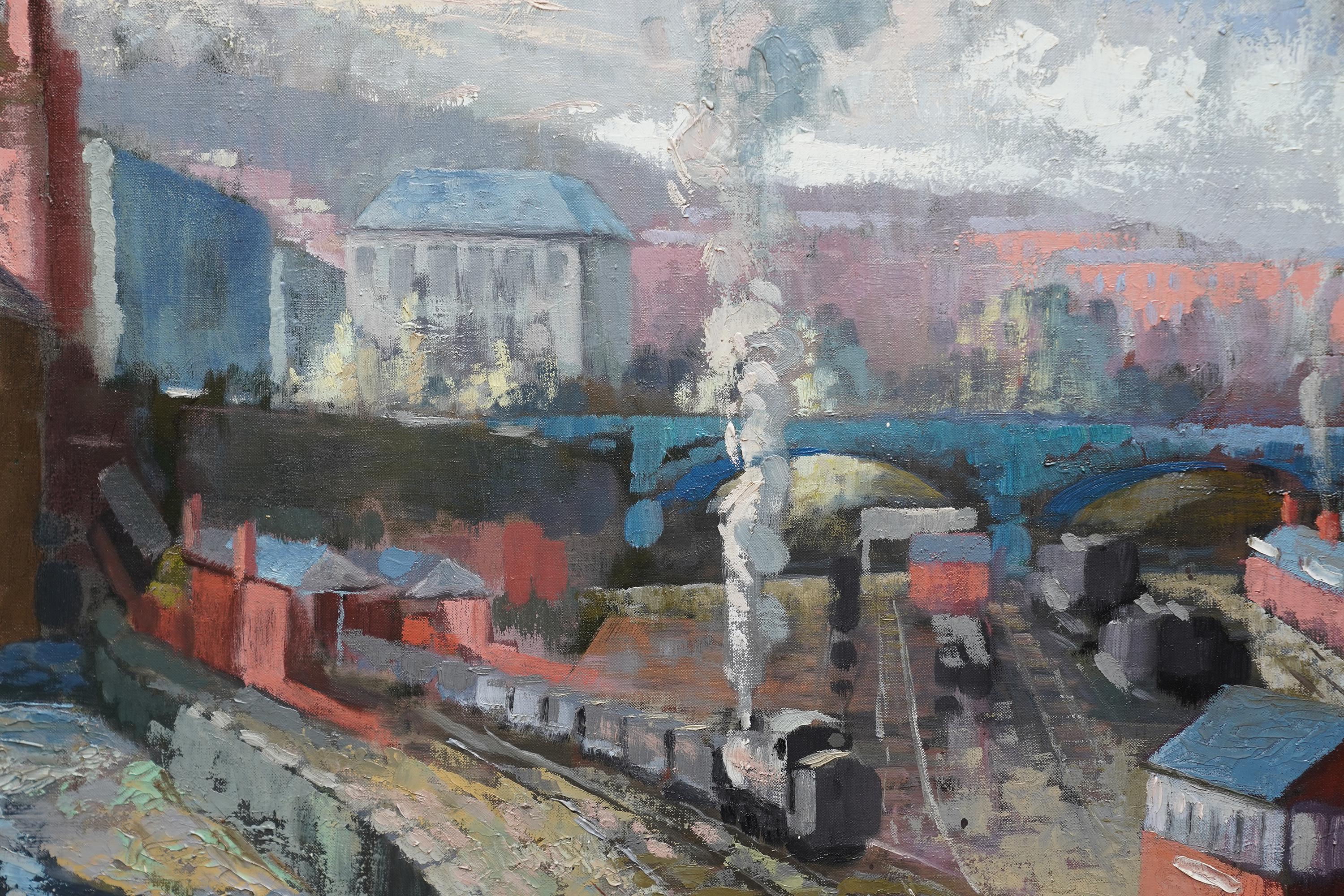 Industrial Railway Landscape - Scottish 50s art Post Impressionist oil painting - Post-Impressionist Painting by Harry Jefferson Barnes