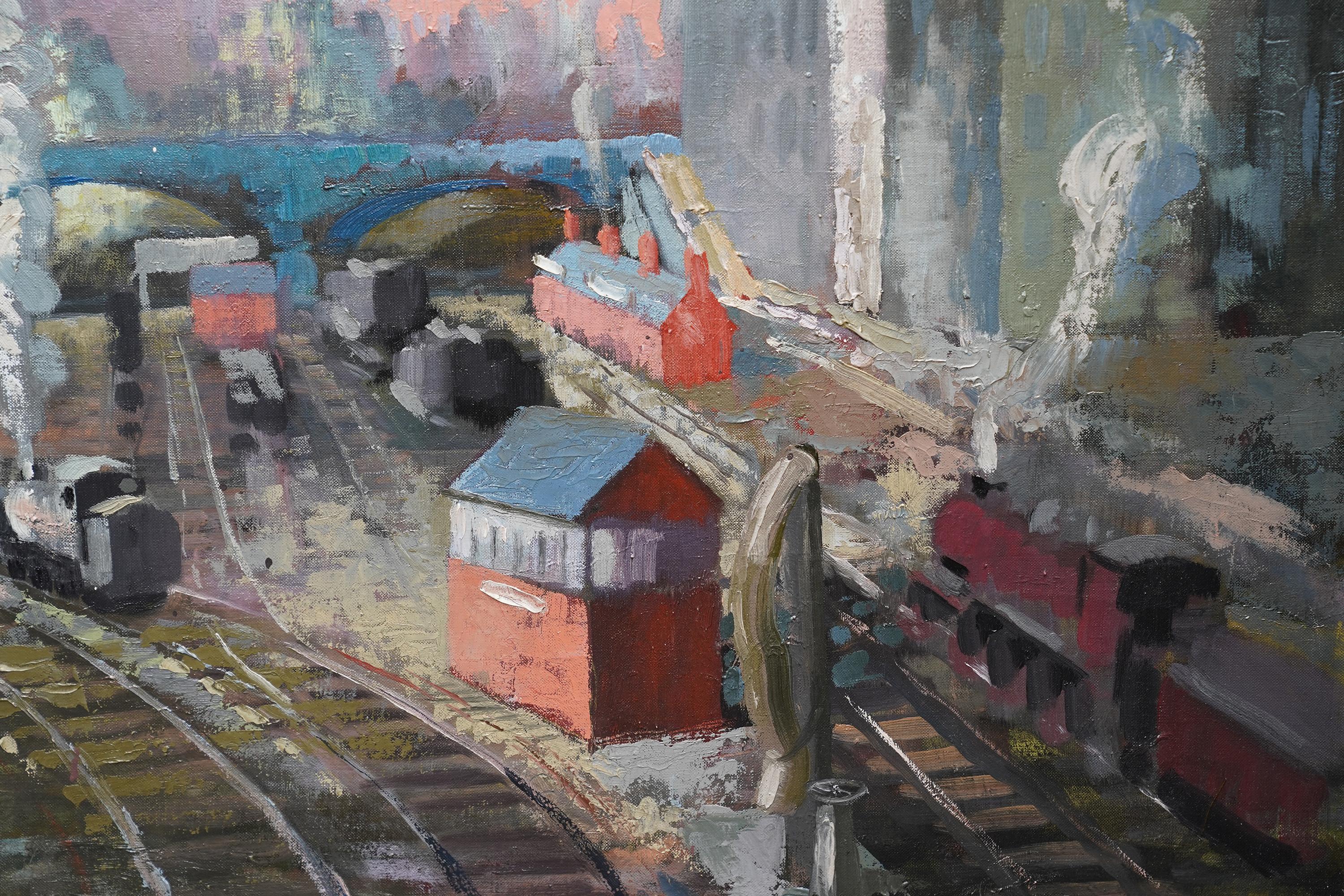 This vibrant colourful Scottish Post Impressionist oil painting is by noted Slade School artist and former Director of the Glasgow School of Art Sir Harry Jefferson Barnes. Painted in the 1950's the composition is an industrial railway landscape,