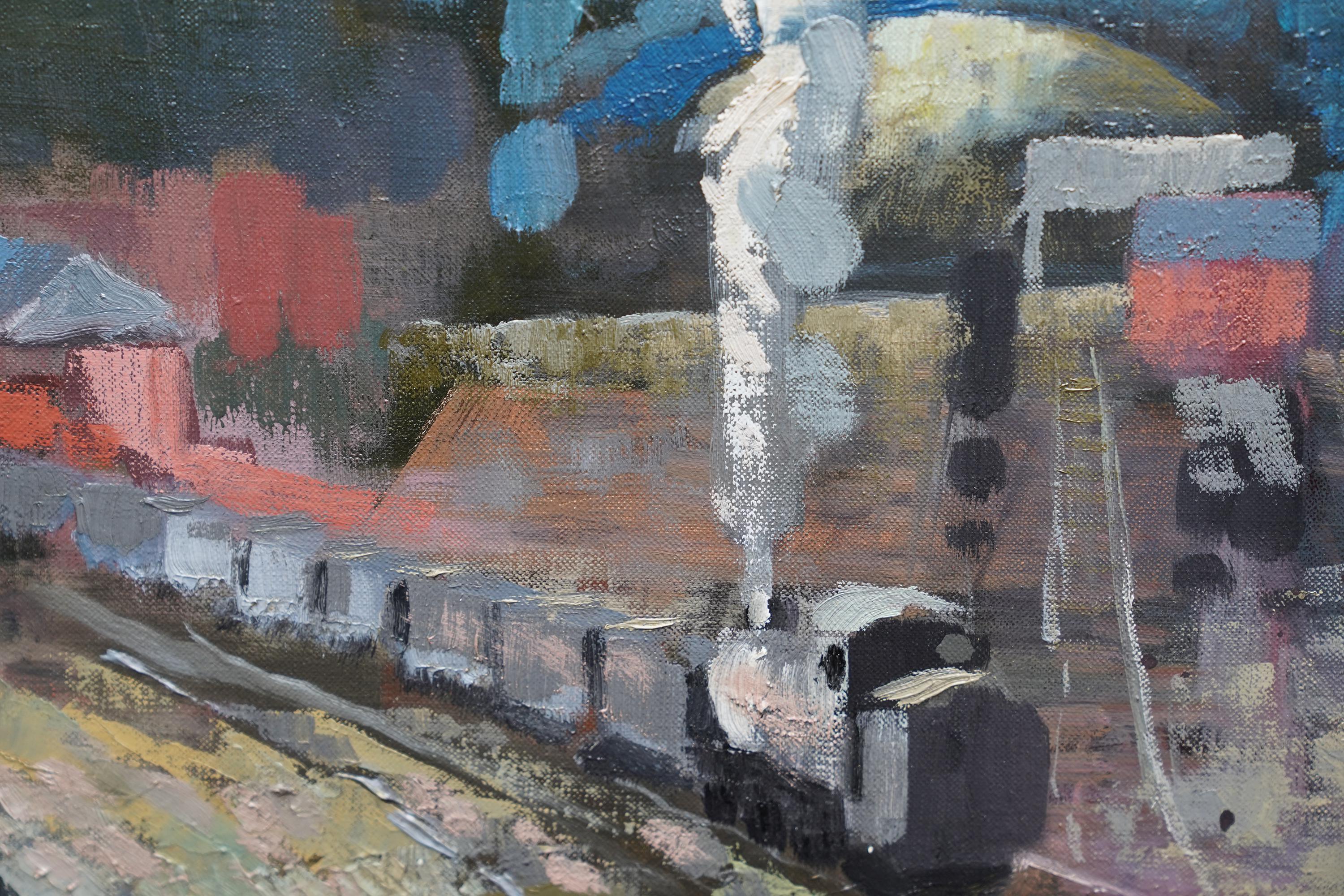 Industrial Railway Landscape - Scottish 50s art Post Impressionist oil painting For Sale 2