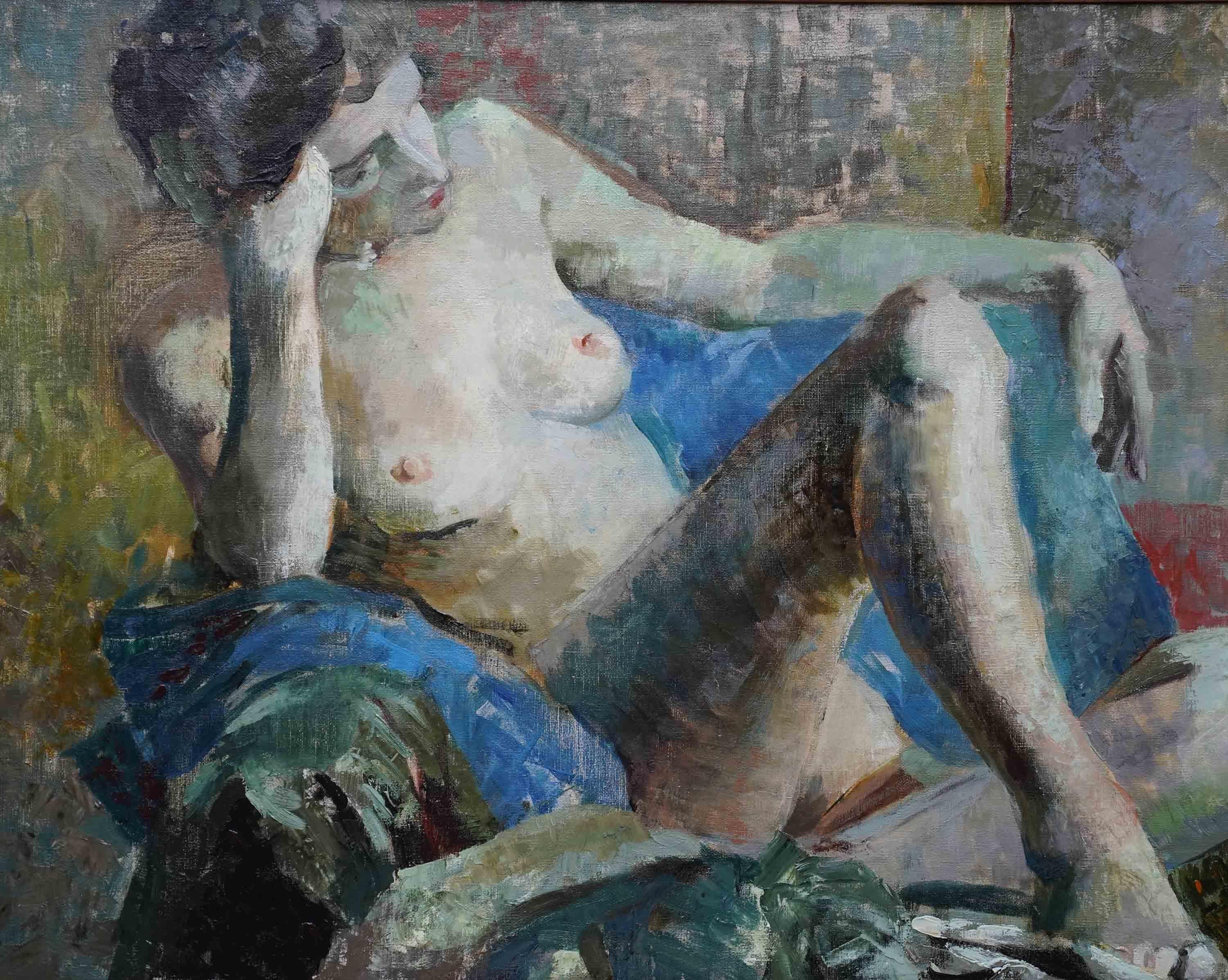 Reclining Nude - Industrial Scene Verso - Scottish 1940's portrait oil painting For Sale 7