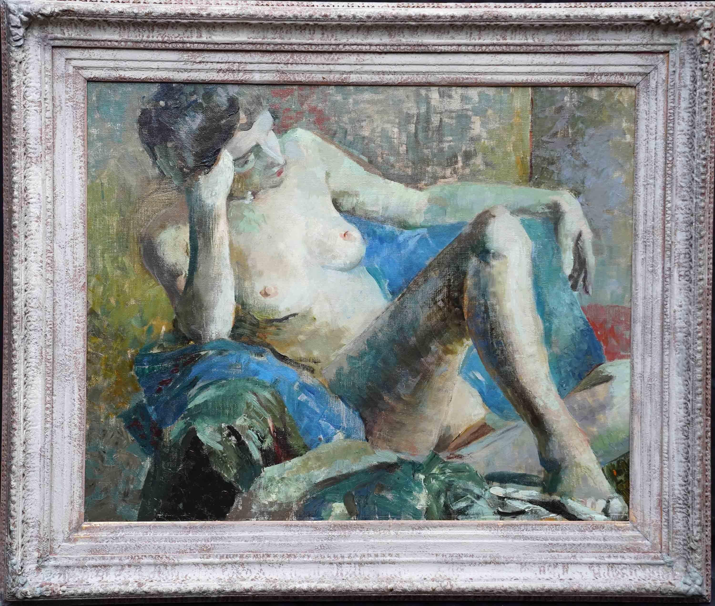 Reclining Nude - Industrial Scene Verso - Scottish 1940's portrait oil painting For Sale 8