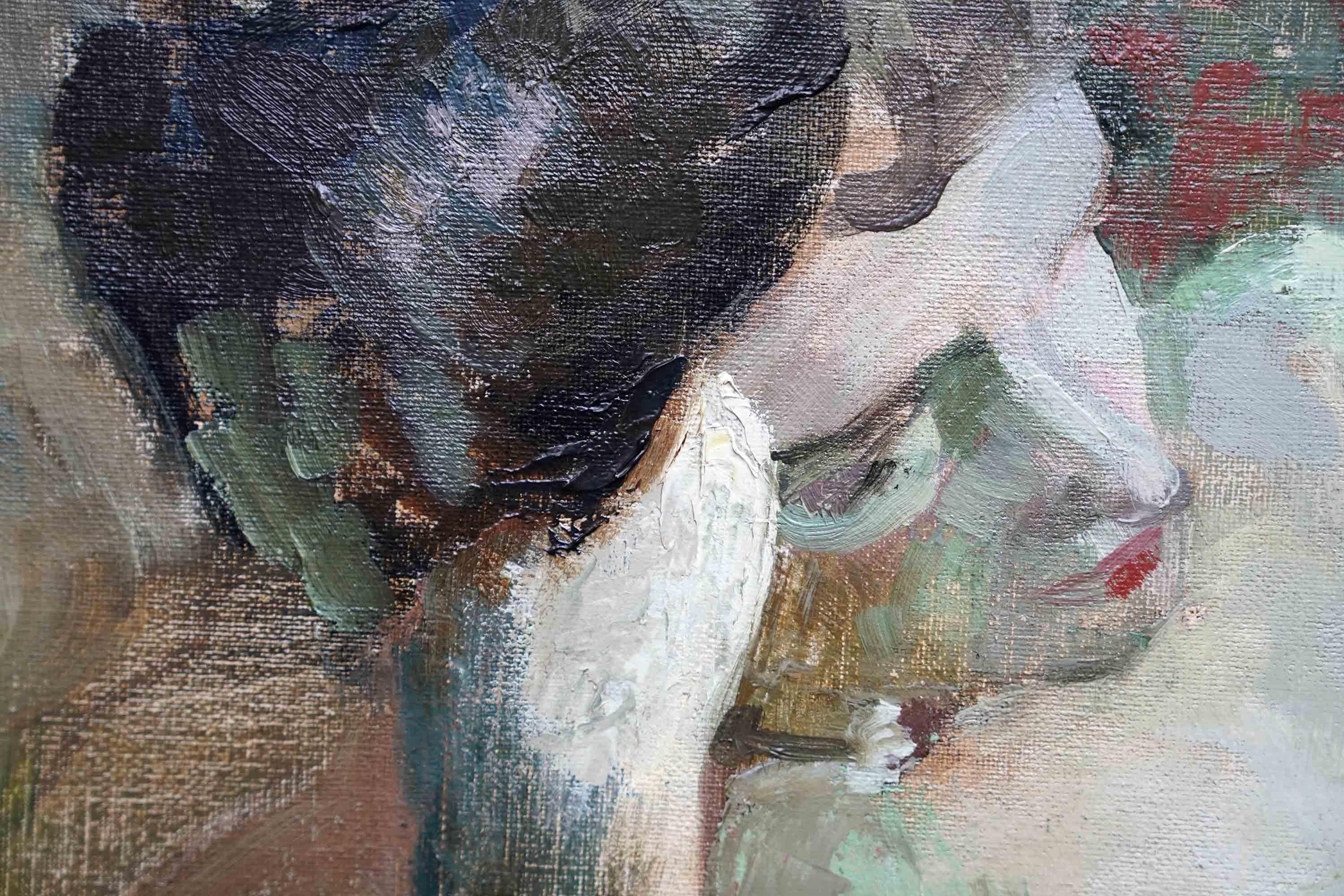 Este interesante óleo británico de los años 40 se atribuye a Harry Jefferson Barnes. Barnes se formó en la Slade School of Art y más tarde pasó a ser director de la Glasgow School of Art. Pintada hacia 1945, la composición representa a una mujer