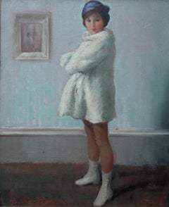 Portrait of a Girl in a White Coat - British 1920's Art Deco oil painting