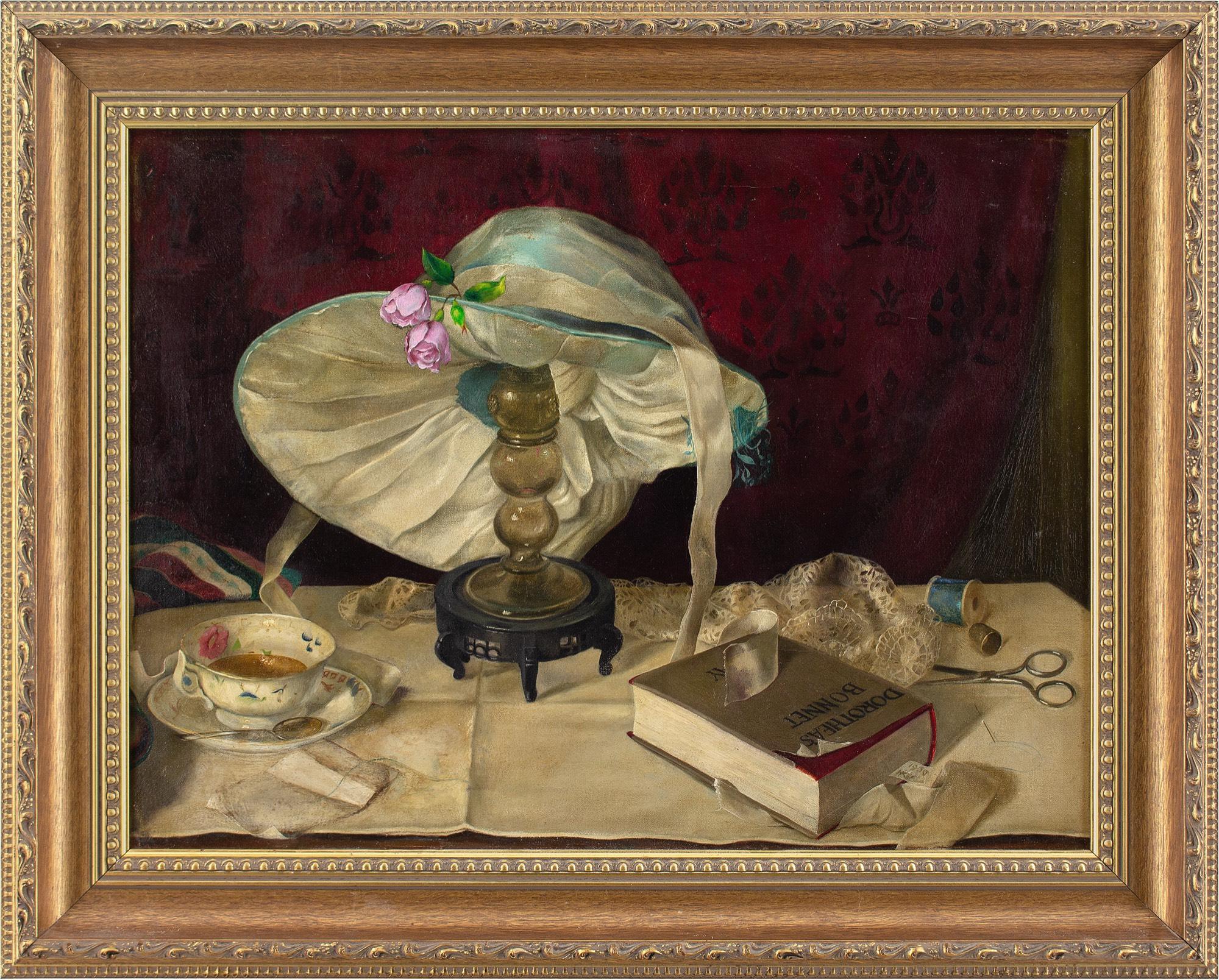 This mid-20th-century oil painting by British artist Harry Keay (1914-1994) depicts a still life with a book, bonnet, teacup and sewing paraphernalia. It was shown at the Royal Society of British Artists.

In a quiet corner of the home, a