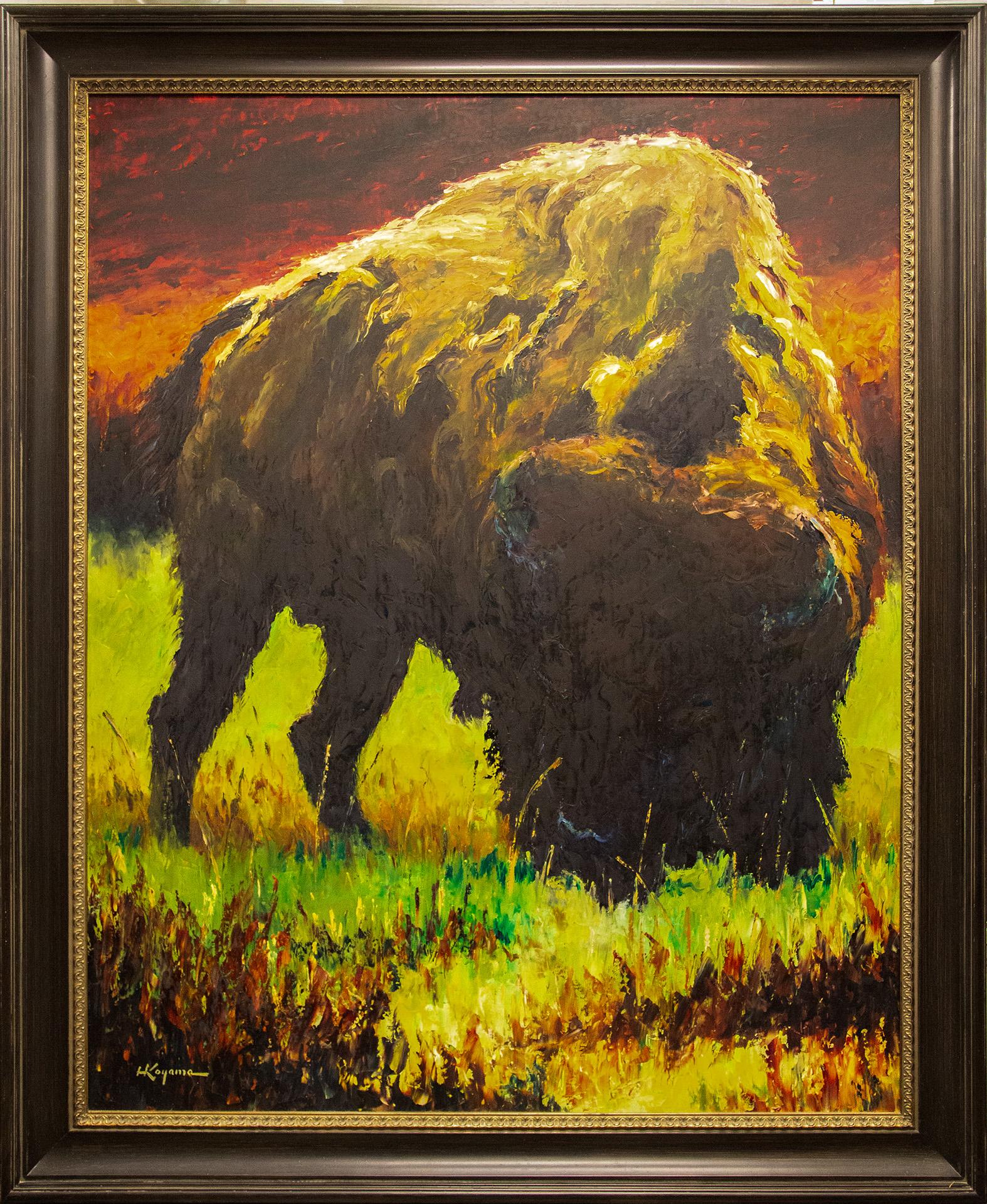 Harry Koyama Animal Painting - Late Day Bison, Wildlife Impressionist Oil Painting on Panel, Western Art
