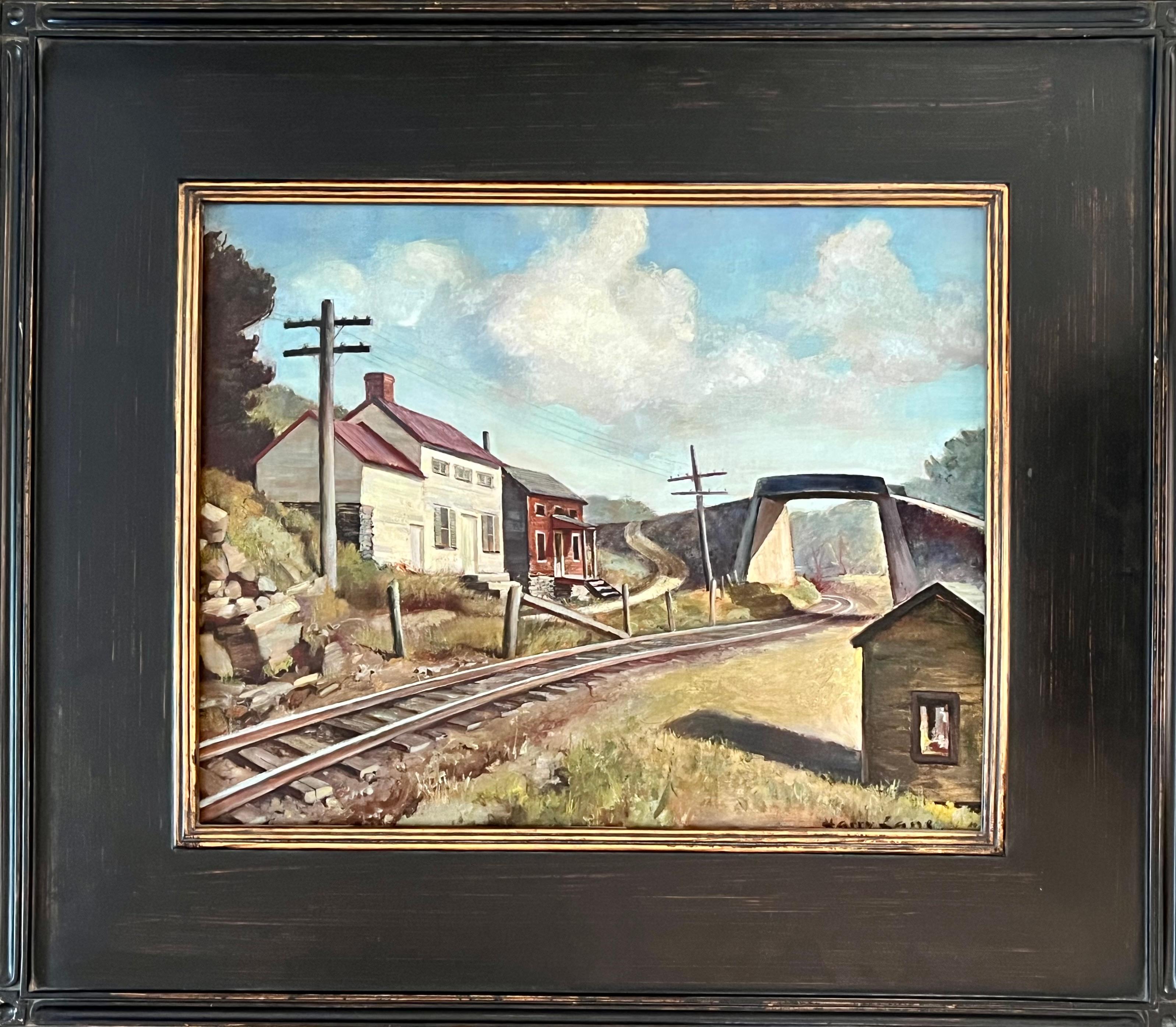 Untitled (Houses and Railroad Tracks) - American Modern Painting by Harry Lane