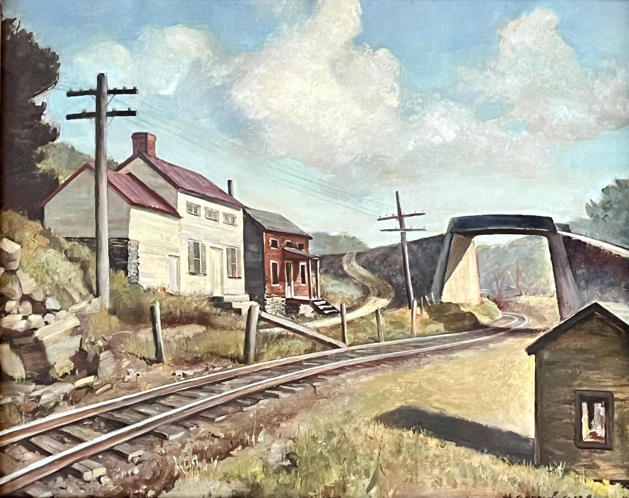 Ohne Titel (Häuser und Eisenbahnschienen) – Painting von Harry Lane
