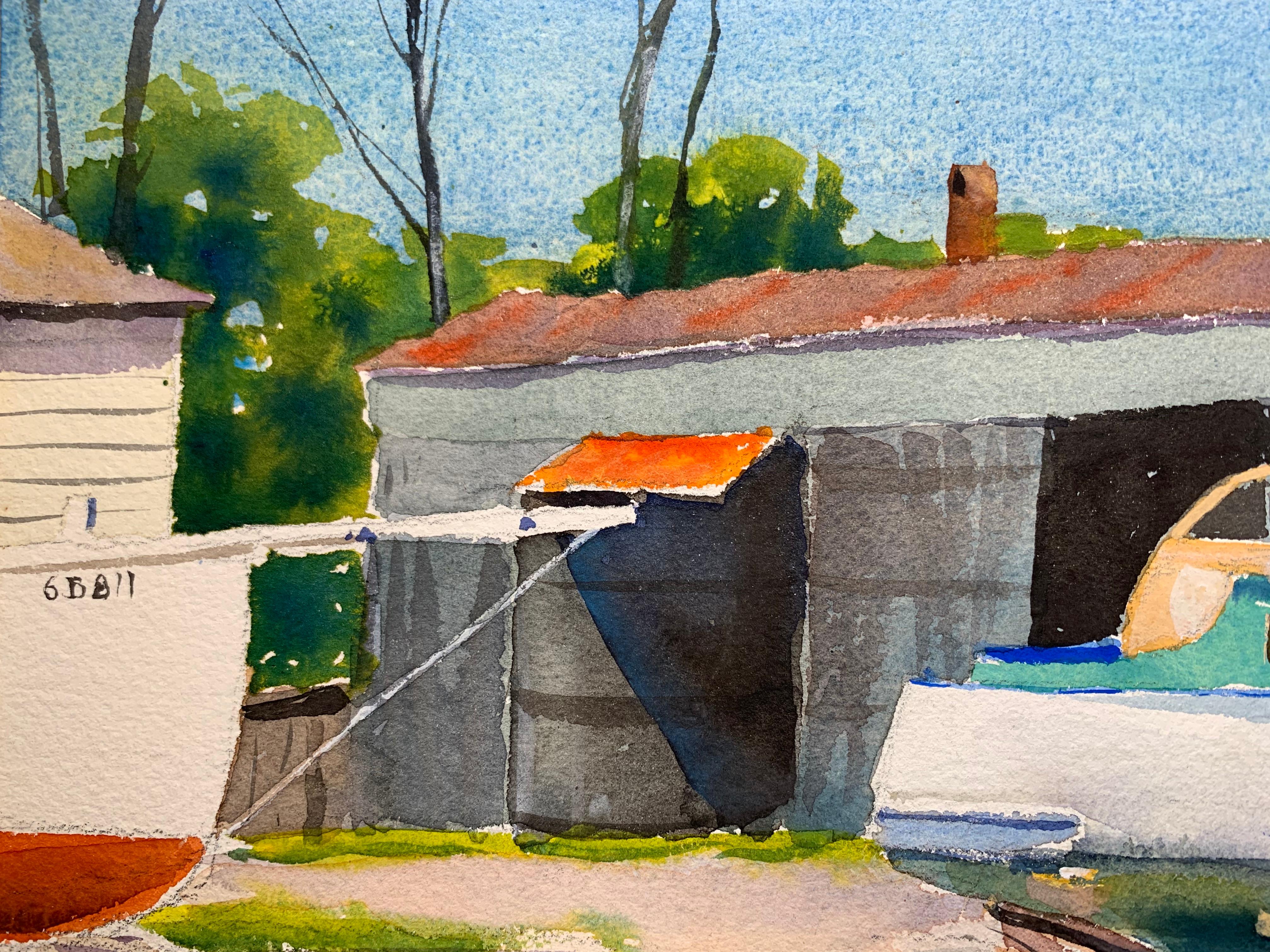 Yard de bateaux (paysage impressionniste PA) - Impressionnisme américain Painting par Harry Leith-Ross