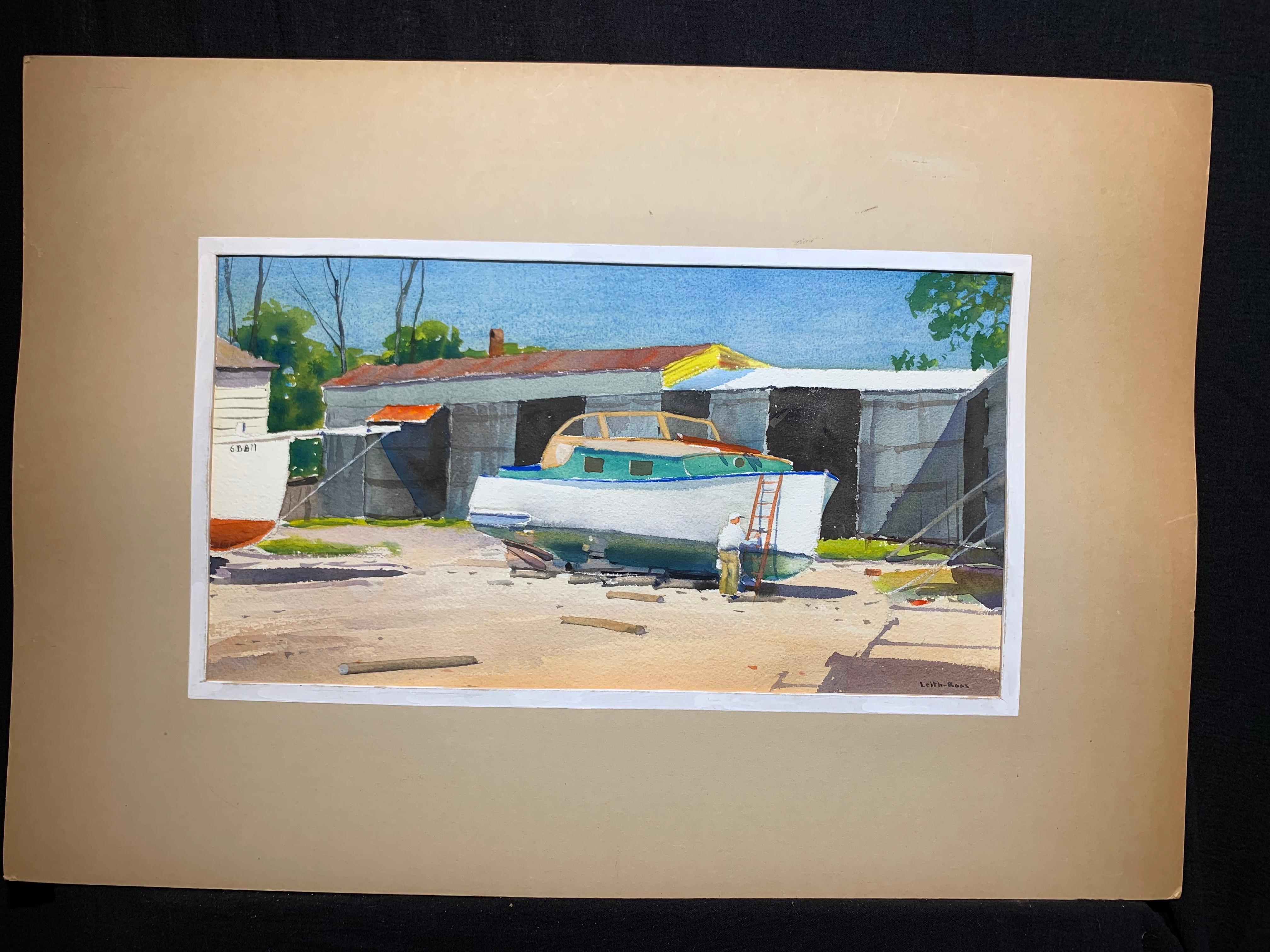 Harry Leith-Ross (1886-1973). Astilleros, ca.1960's. Medidas acuarela sobre papel  9 x 17 pulgadas; 18 x 26 pulgadas en el paspartú original. Firmado abajo a la izquierda. Etiqueta original de la galería pegada en el reverso. El felpudo está un poco