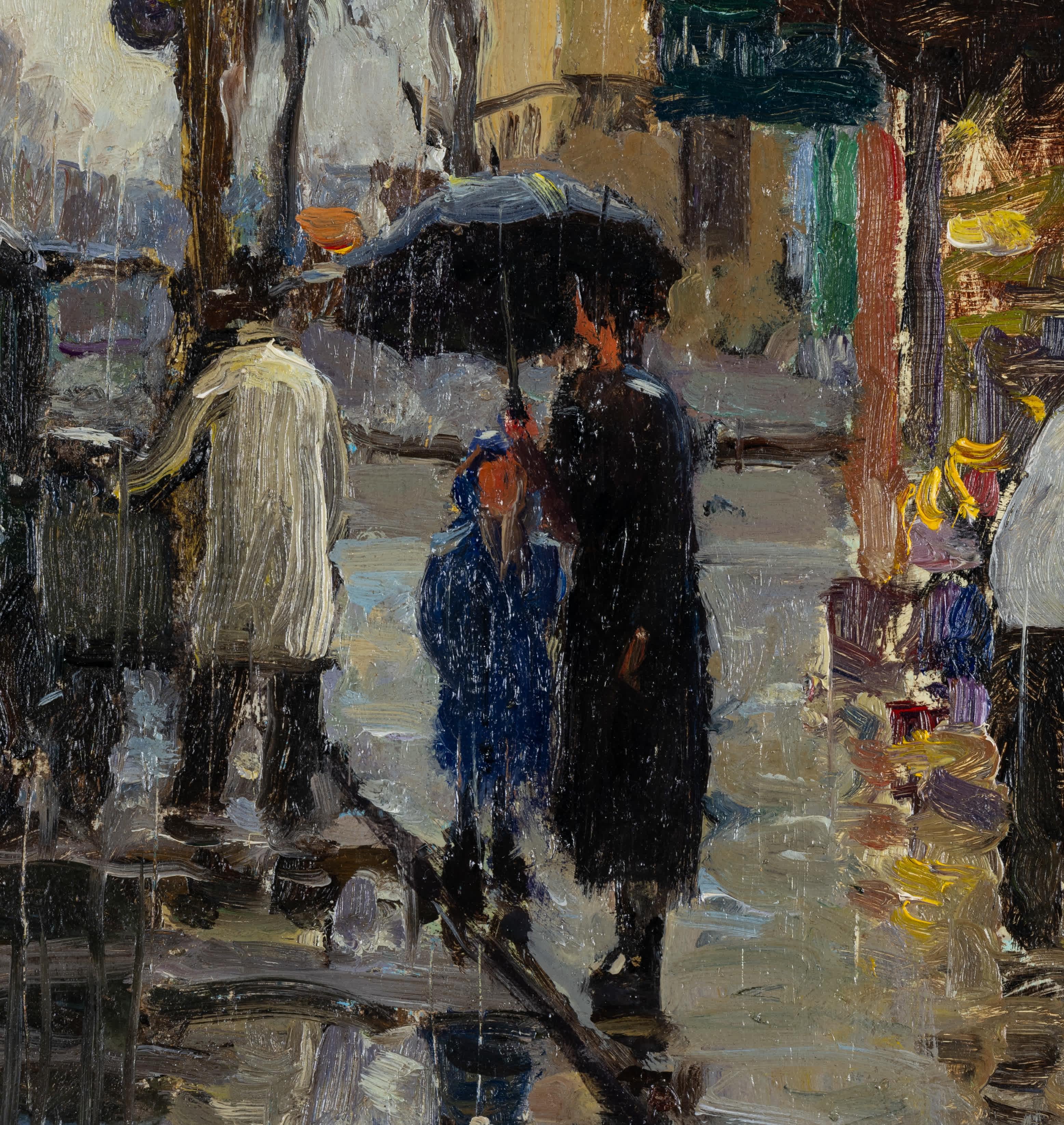 Harry Leith-Ross
Amerikaner, 1886-1973
Regentag in New York
Öl auf Karton
8 x 10 ¼ Zoll, mit Rahmen 12 x 14 ½ Zoll
Signiert unten links

Der Landschaftsmaler Harry Leith-Ross wurde 1886 auf Mauritius geboren, einem britischen Besitz im Indischen