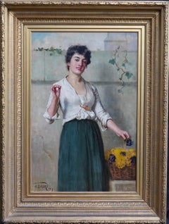 Portrait of a Flower Seller - British 19th century Victorian art oil painting