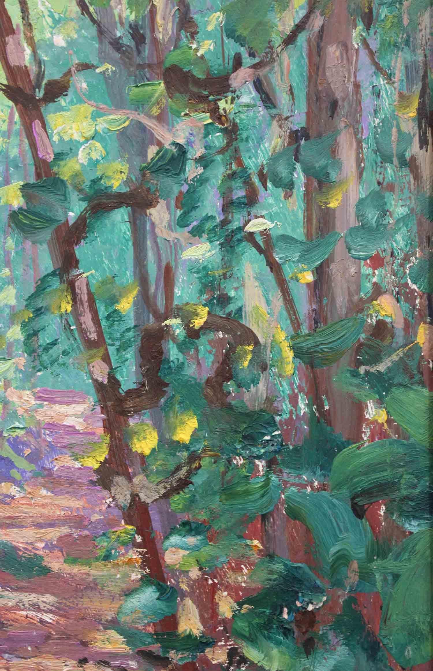 Impressionistisches Ölgemälde „A Trail in the Jungle – Kartabo, British Guiana“ (Braun), Landscape Painting, von Harry Leslie Hoffman