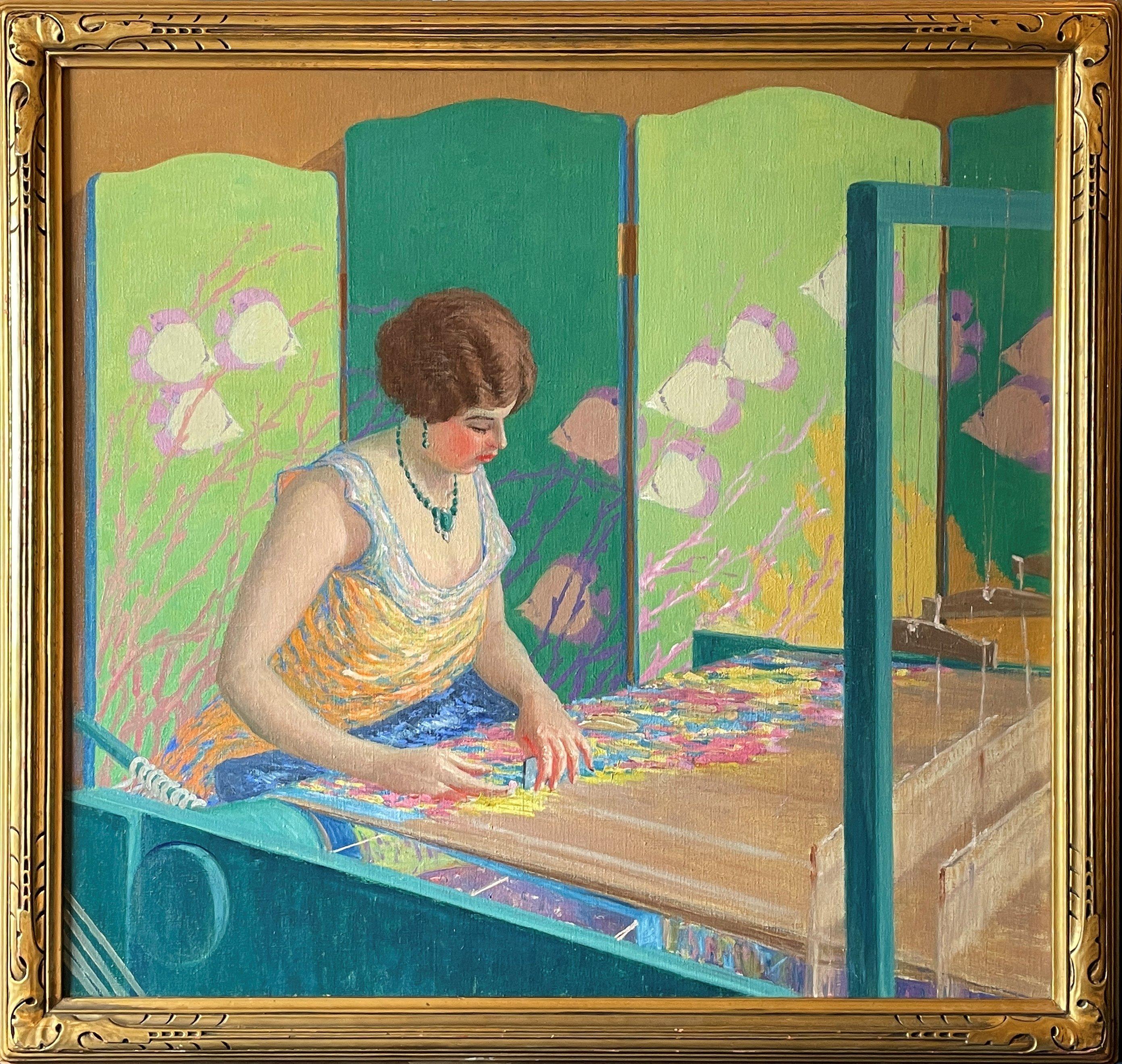 „The Artist's Wife at the Loom“, Harry Hoffman, Bright American Impressionism – Painting von Harry Leslie Hoffman