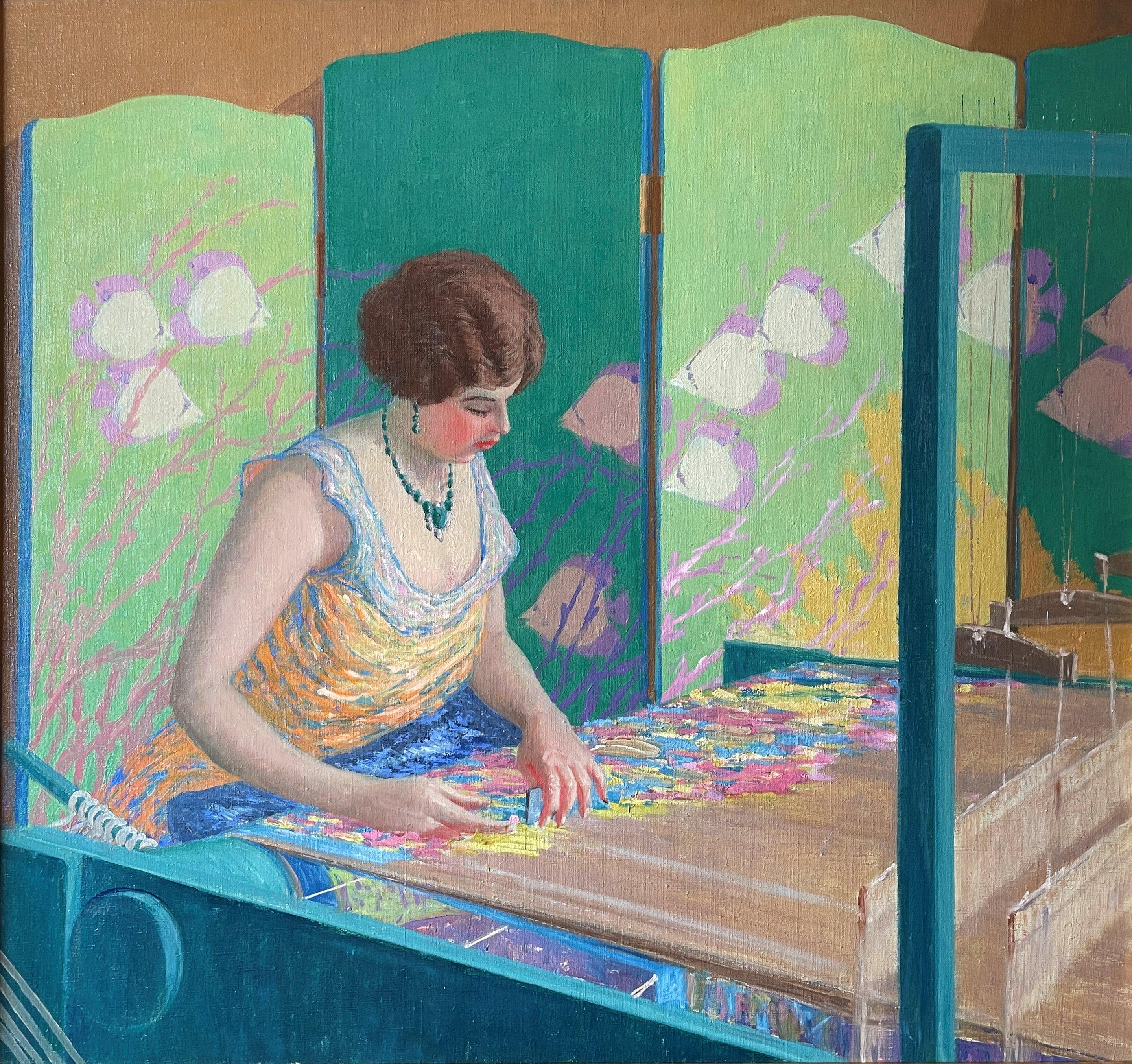 Harry Leslie Hoffman Figurative Painting - "The Artist's Wife at the Loom, " Harry Hoffman, Bright American Impressionism