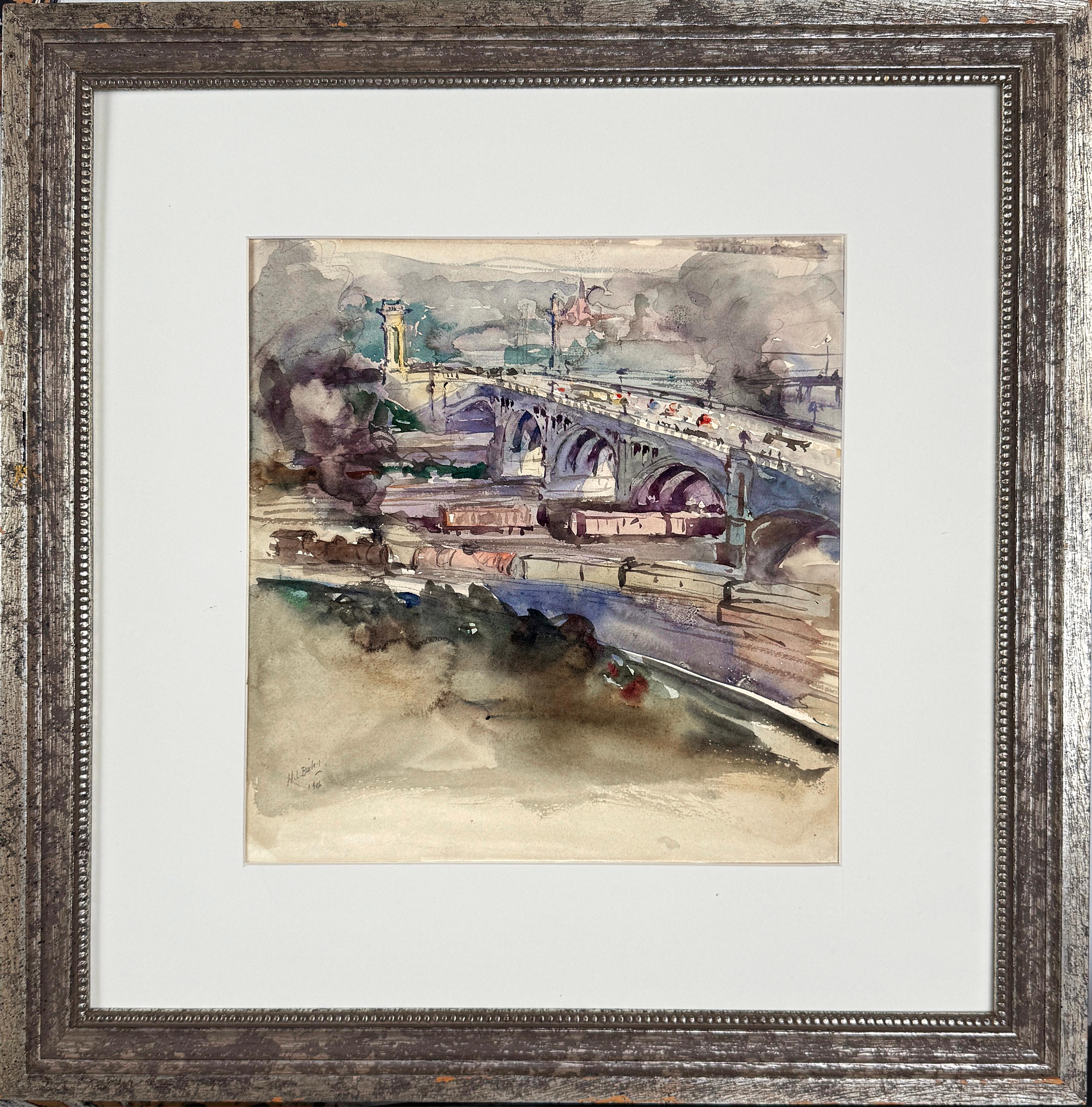 Figurative Painting di Harry Lewis Bailey - Buena Vista Aquaduct and Southern Pacific Train Los Angeles 1916 by Harry Bailey