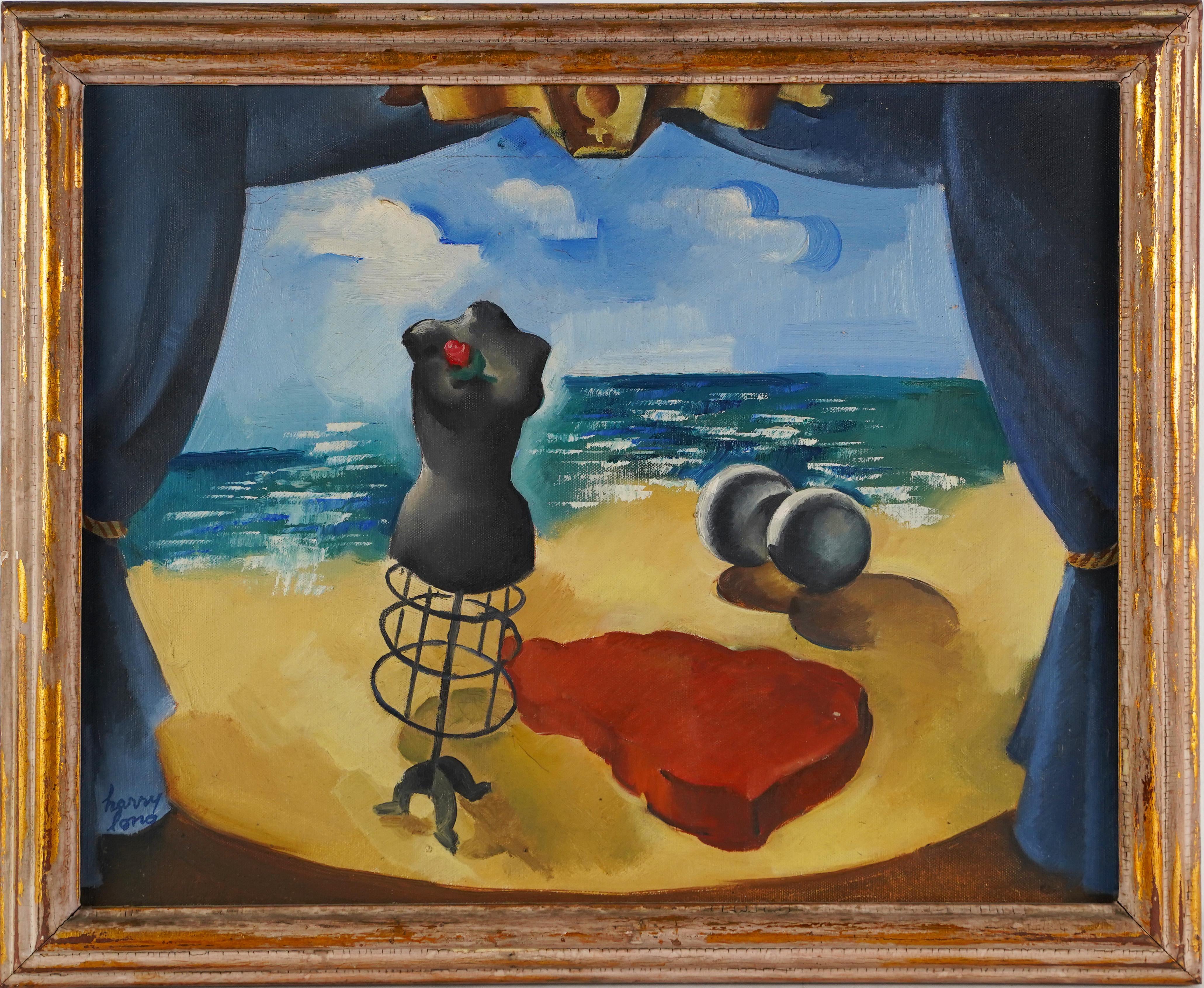 Peinture à l'huile vintage « Femininity » représentant une scène de plage surréaliste exposée, signée, États-Unis
