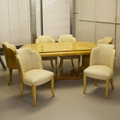Harry & Lou Epstein Six Seat Art Deco Dining Suite Burr Walnut and Cream Leather