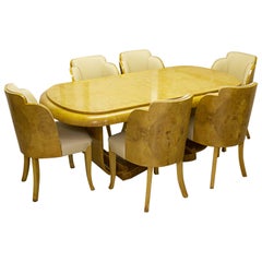Harry & Lou Epstein Six Seat Art Deco Dining Suite Burr Walnut and Cream Leather