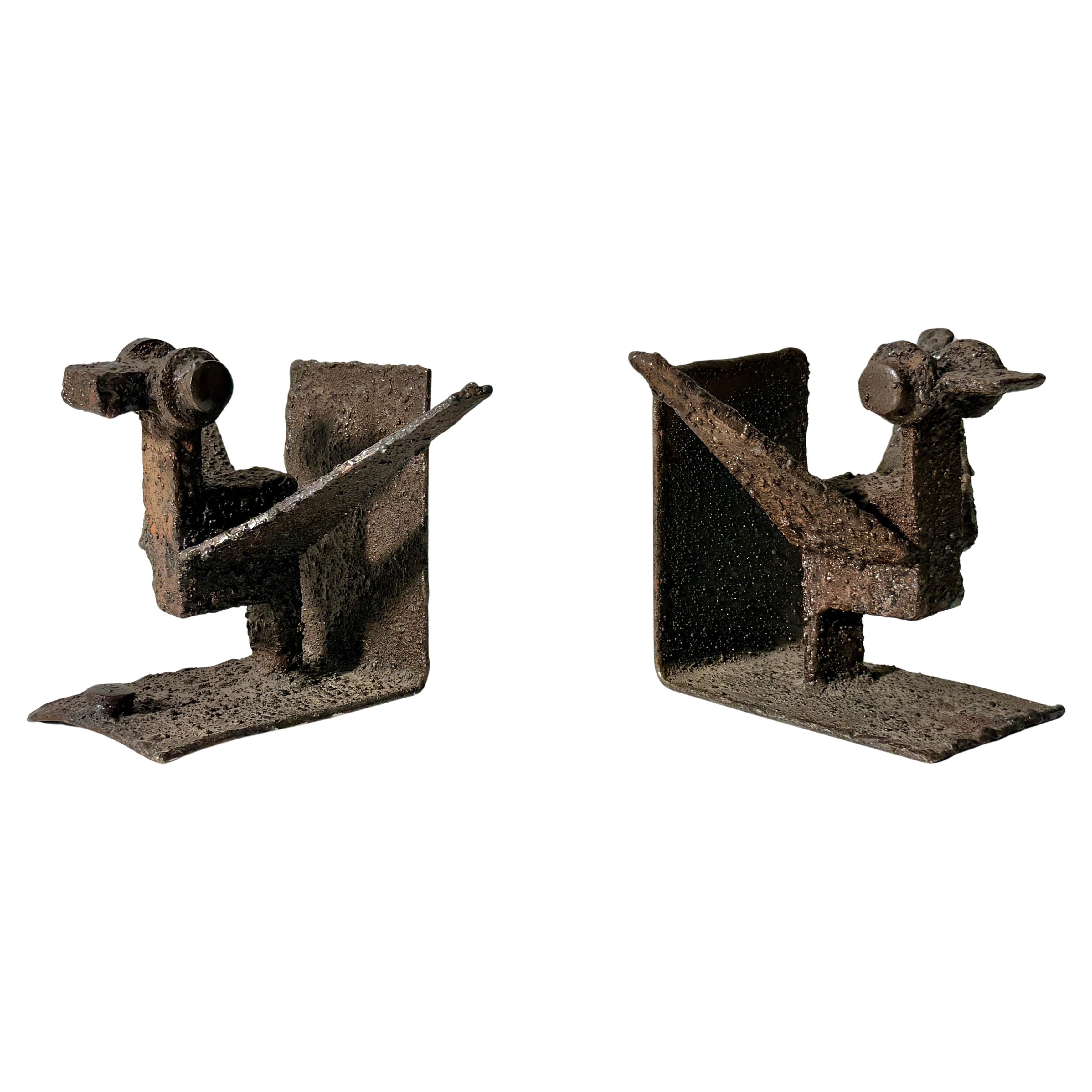 Harry M Wasserman Brutalist Welded Steel Bird Form Sculptural Bookends 1960s
