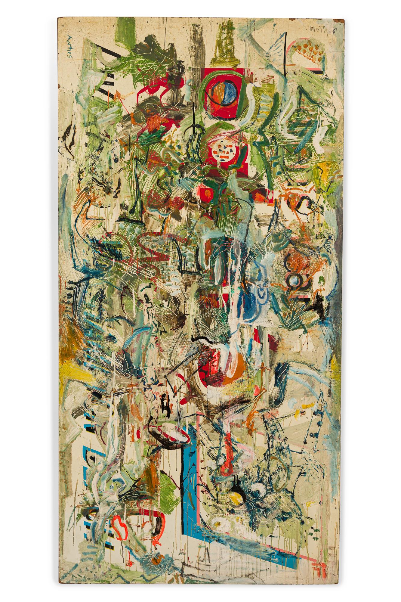 Peinture abstraite américaine du milieu du siècle (signée 1963) avec des formes et des lettres en vert, rouge, noir et bleu, peinte sur une section rectangulaire de panneau dur récupéré. (signé au dos et au recto : HARRY MATHES, voir photos).