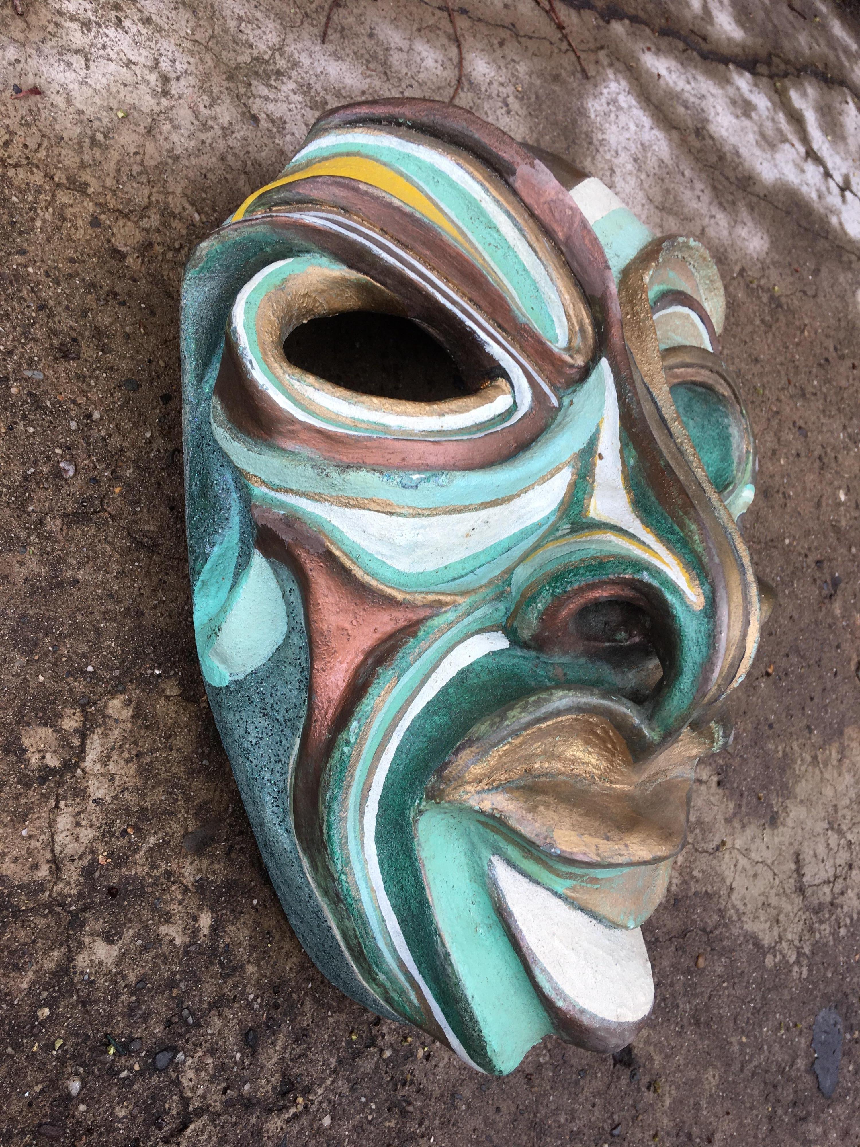Harry Matias, Brooklyn NY late 1980s hand-built and painted mask. Great colors! Very dramatic image and style!