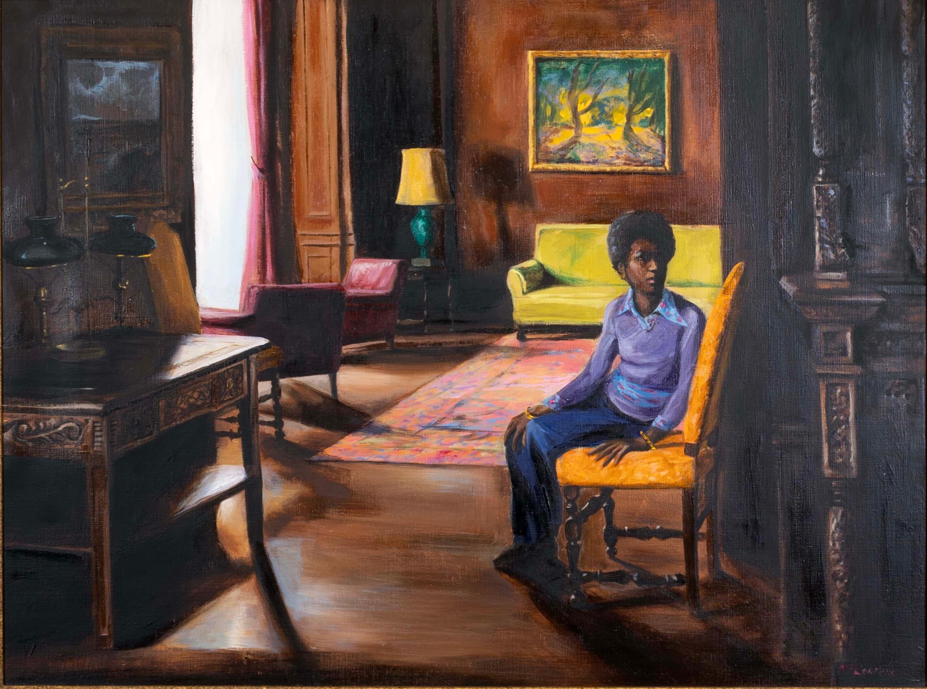 A contemporary oil painting on canvas titled “Arts Club” by American artist Harry McCormick. Hand signed bottom right. Circa 1980s. The composition depicts a solitary female figure seated in a posh space. The artist was inspired by city life in